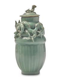 A Chinese Longquan Celadon Glazed Porcelain Covered Vase