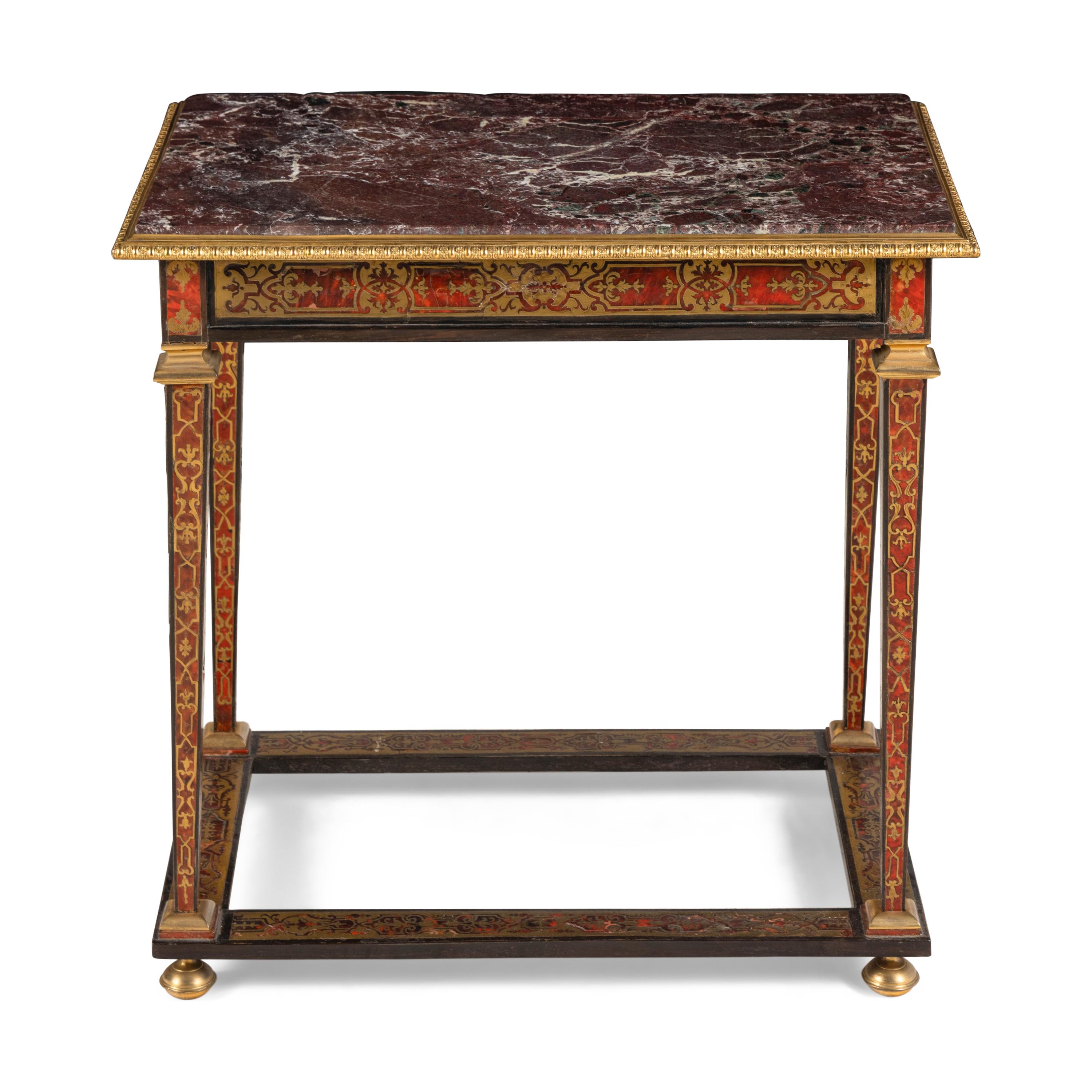 A Louis XIV Style Boulle Marquetry and Gilt Bronze Mounted Marble-Top Side Table
