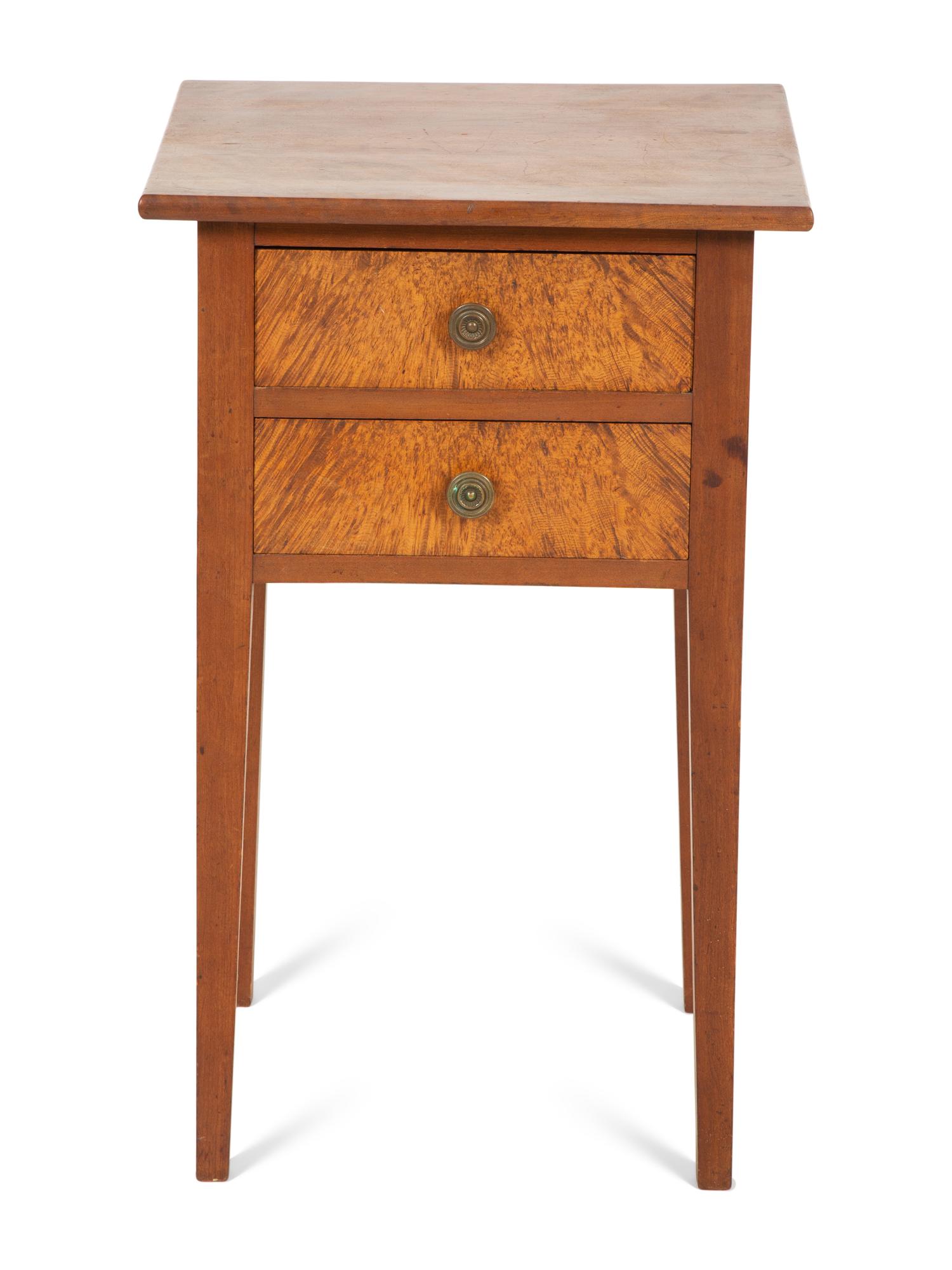 A Federal Mahogany Two Drawer Stand with Burled Drawer Fronts