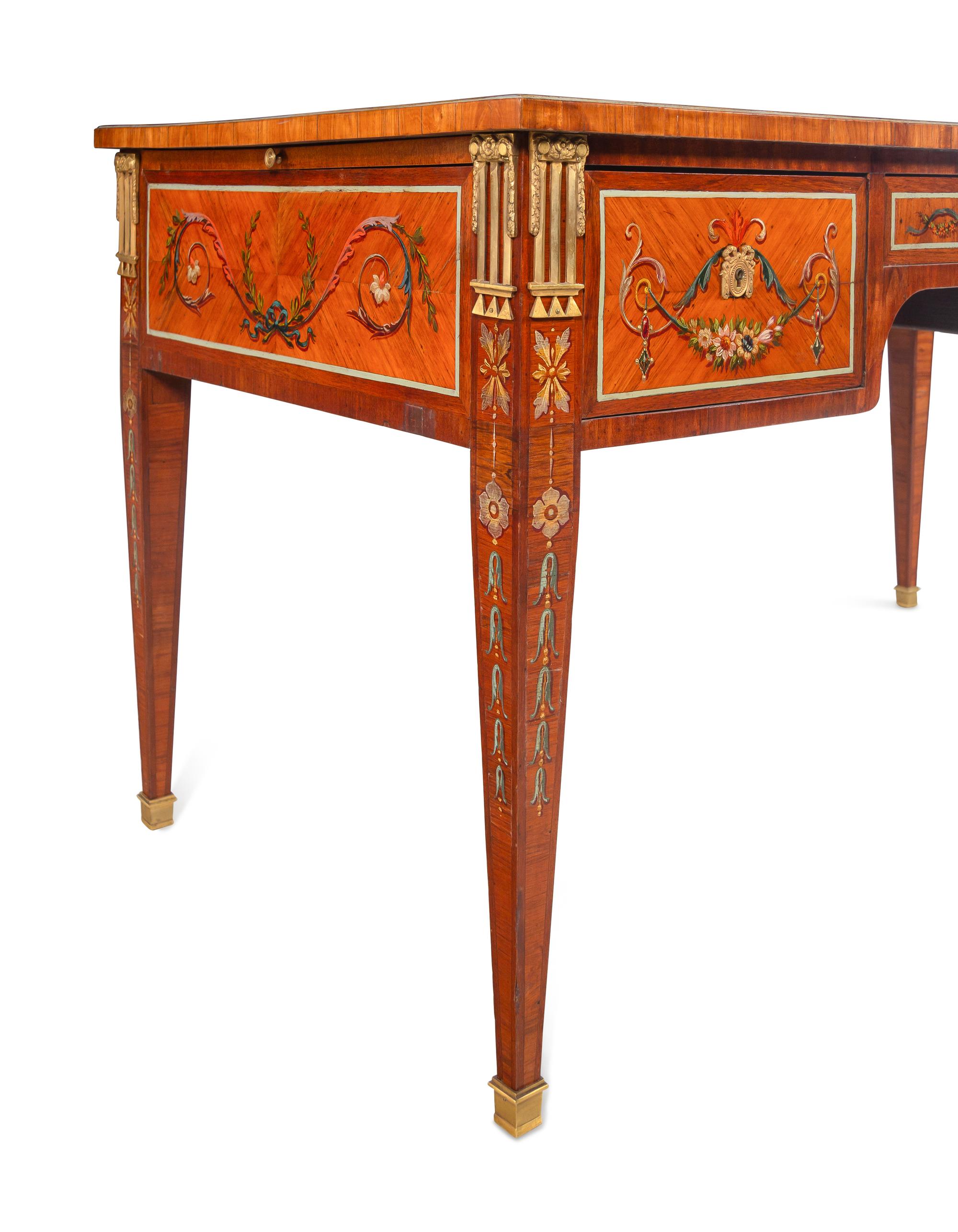 A French Neoclassical Style Gilt Bronze Mounted and Painted Bureau Plat
