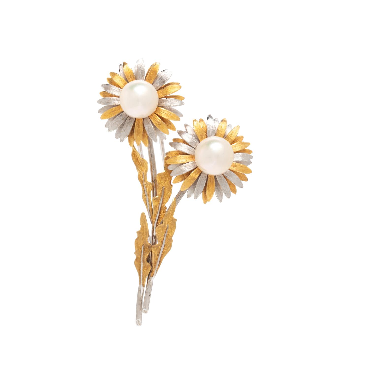 BUCCELLATI, BICOLOR GOLD AND CULTURED PEARL FLOWER BROOCH