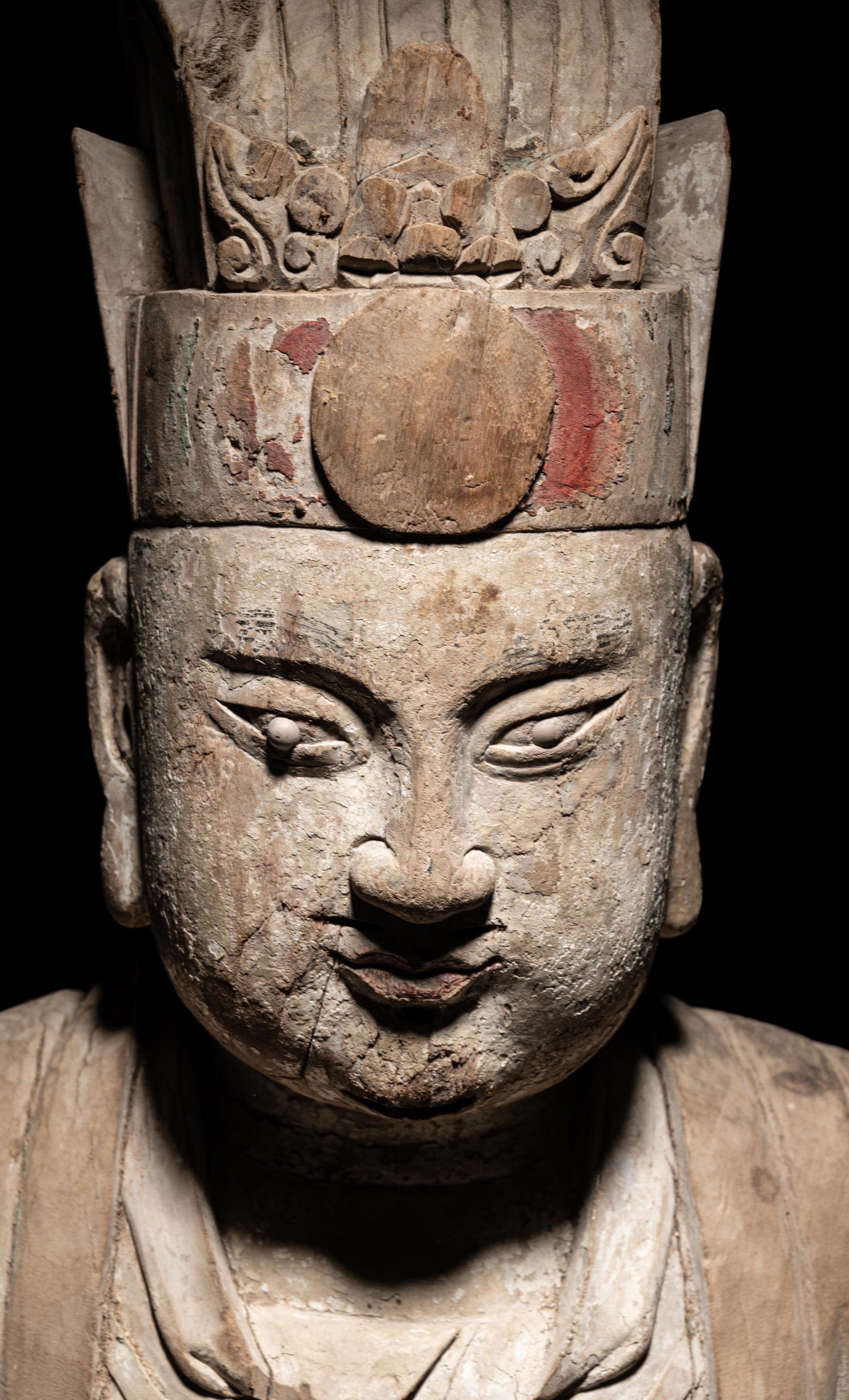 Two Large Carved Wood Figures of Seated Daoist Immortals