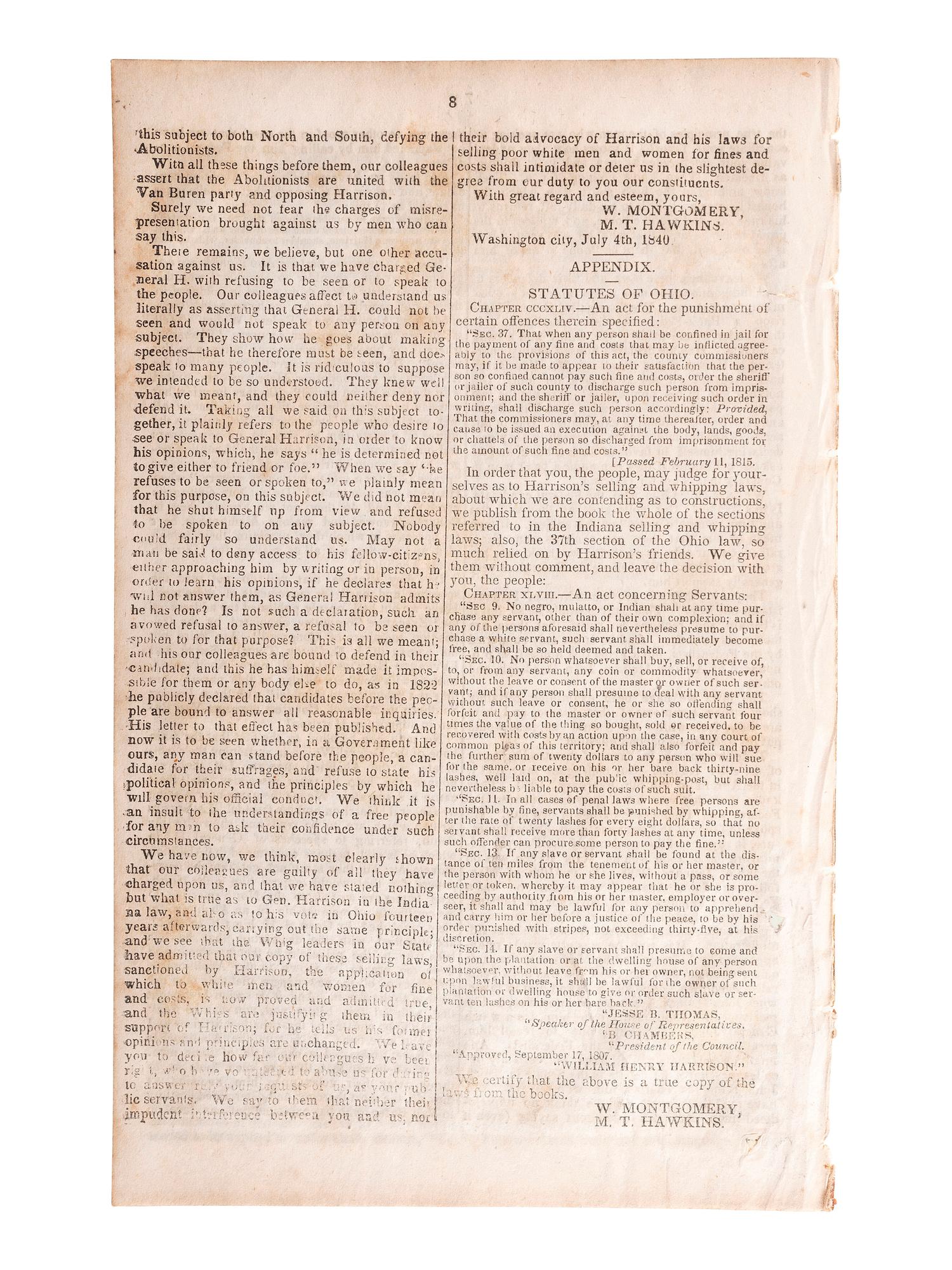 [HARRISON, William Henry (1773-1841)]. A group of pamphlets related to slavery, especially its expansion into Indiana, comprising:
