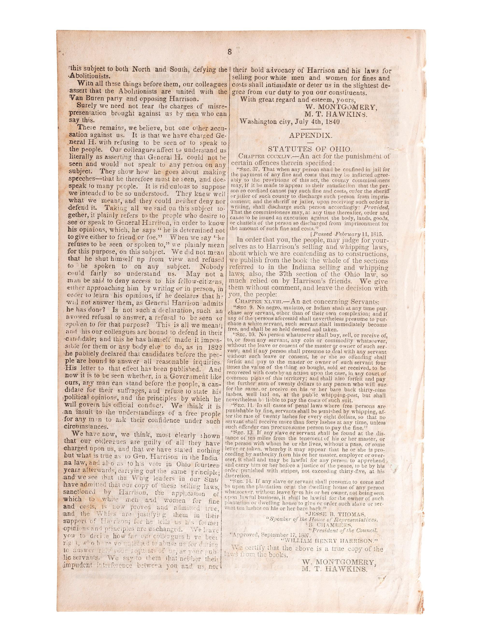 [HARRISON, William Henry (1773-1841)]. A group of pamphlets related to slavery, especially its expansion into Indiana, comprising:
