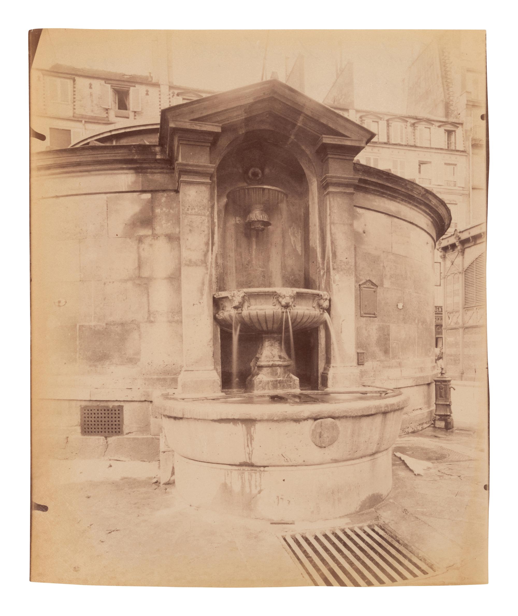 A pair of photographs depicting fountains ( Fontaine Minerve, Institut , 1899; Fontaine du Marché Saint-Honoré , 1903)