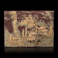A Chinese Carved Duan Stone Rectangular 'Landscape' Panel, 19th Century — 清晚期 端石雕蓬萊仙島插屏心