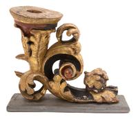 An Italian Parcel Gilt and Painted Wood Scroll Fragment Height 9 1/2 x width 12 1/2 x depth 6 inches. — 18TH CENTURY