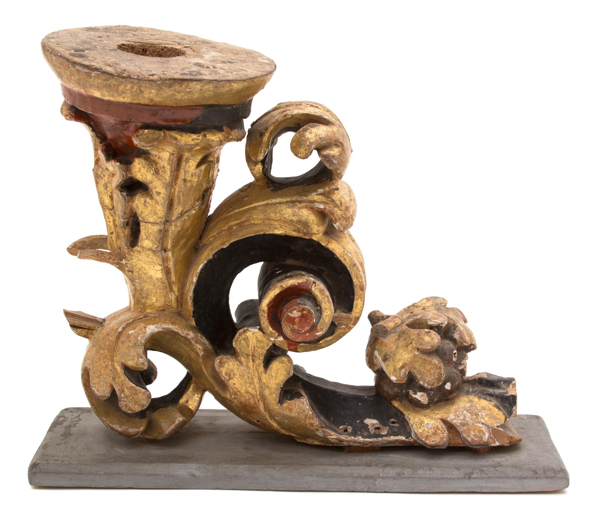 An Italian Parcel Gilt and Painted Wood Scroll Fragment Height 9 1/2 x width 12 1/2 x depth 6 inches. — 18TH CENTURY