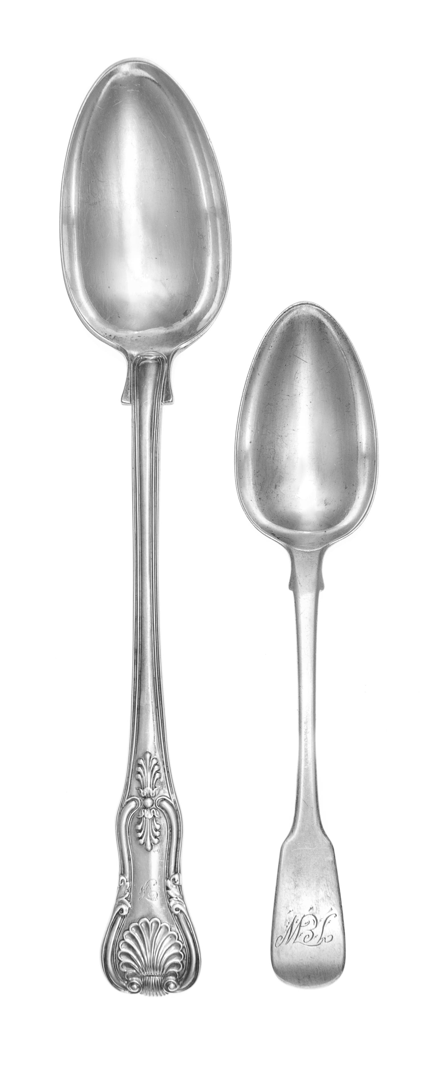 A William IV Silver Serving Spoon, Maker's Mark Obscured, London, 1830, having a King's Pattern handle with engraved monogram F, togeth