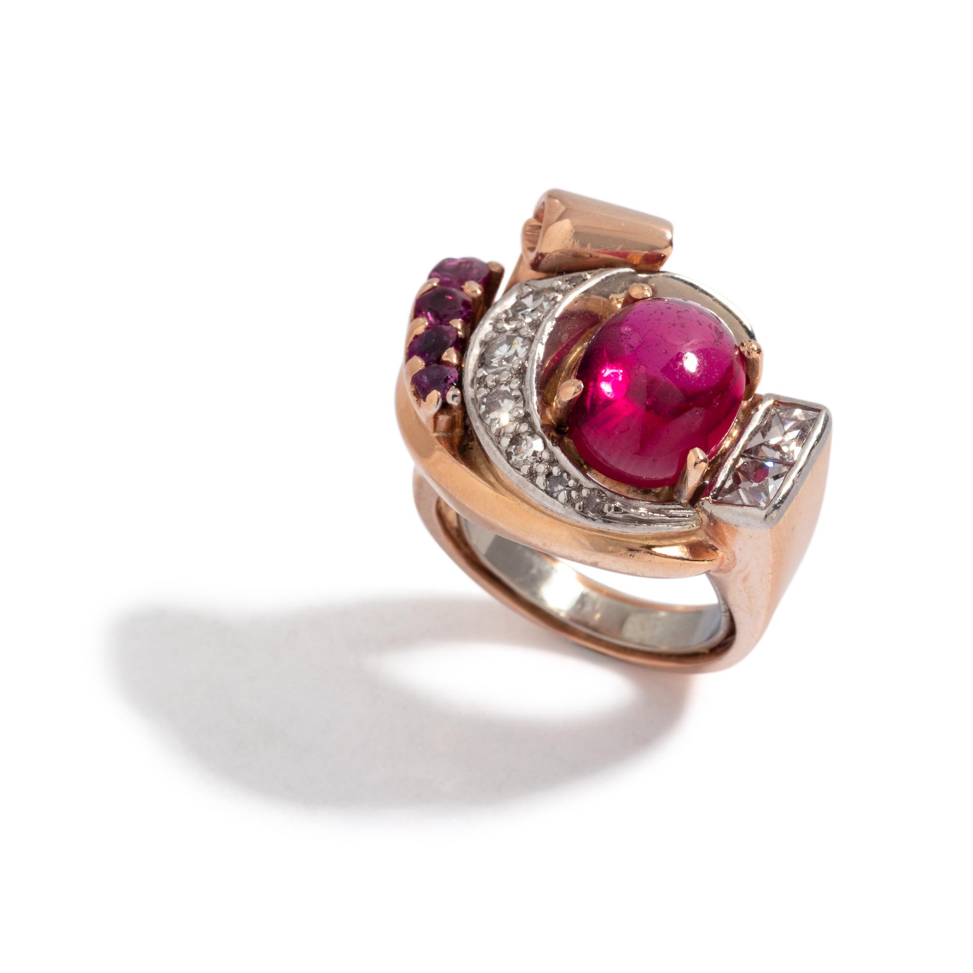 RETRO, SYNTHETIC RUBY, RUBY AND DIAMOND RING