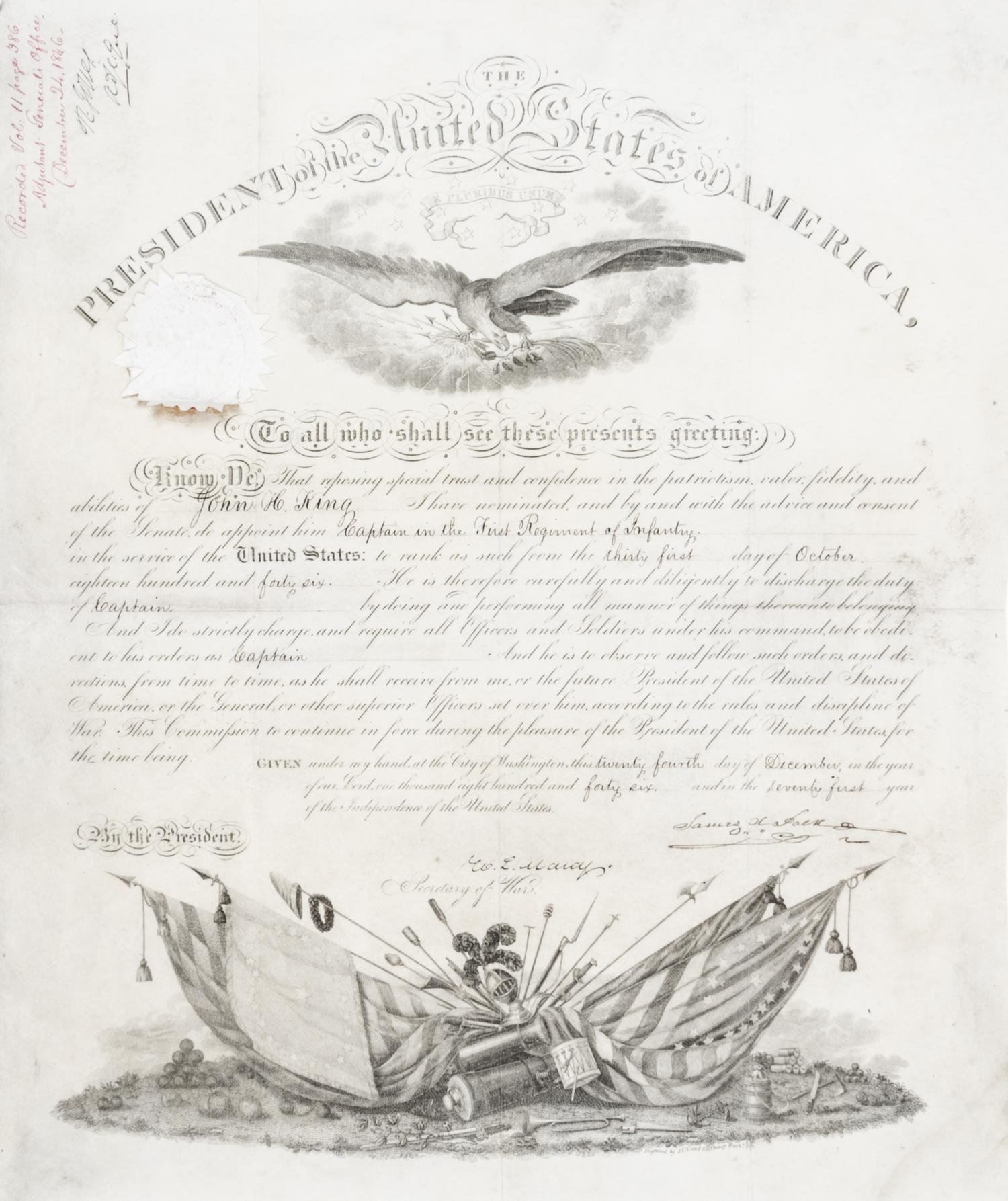 POLK, JAMES K. Partially printed document signed. Dated December 24, 1846.
