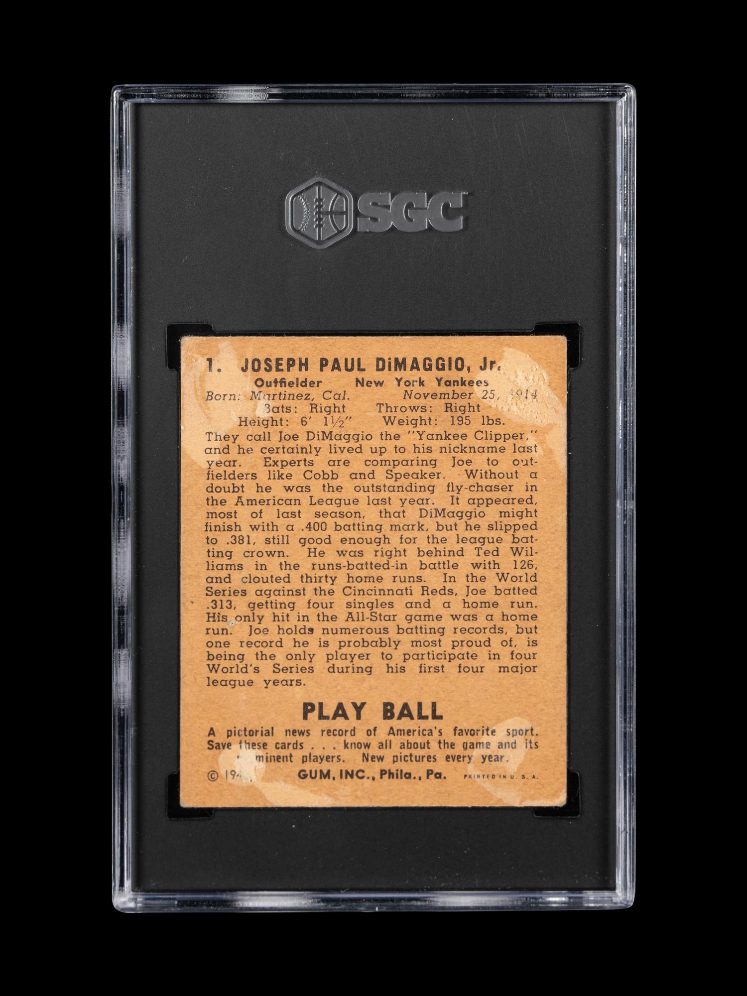 A 1940 Play Ball Joe DiMaggio Baseball Card No. 1 (SGC 1)