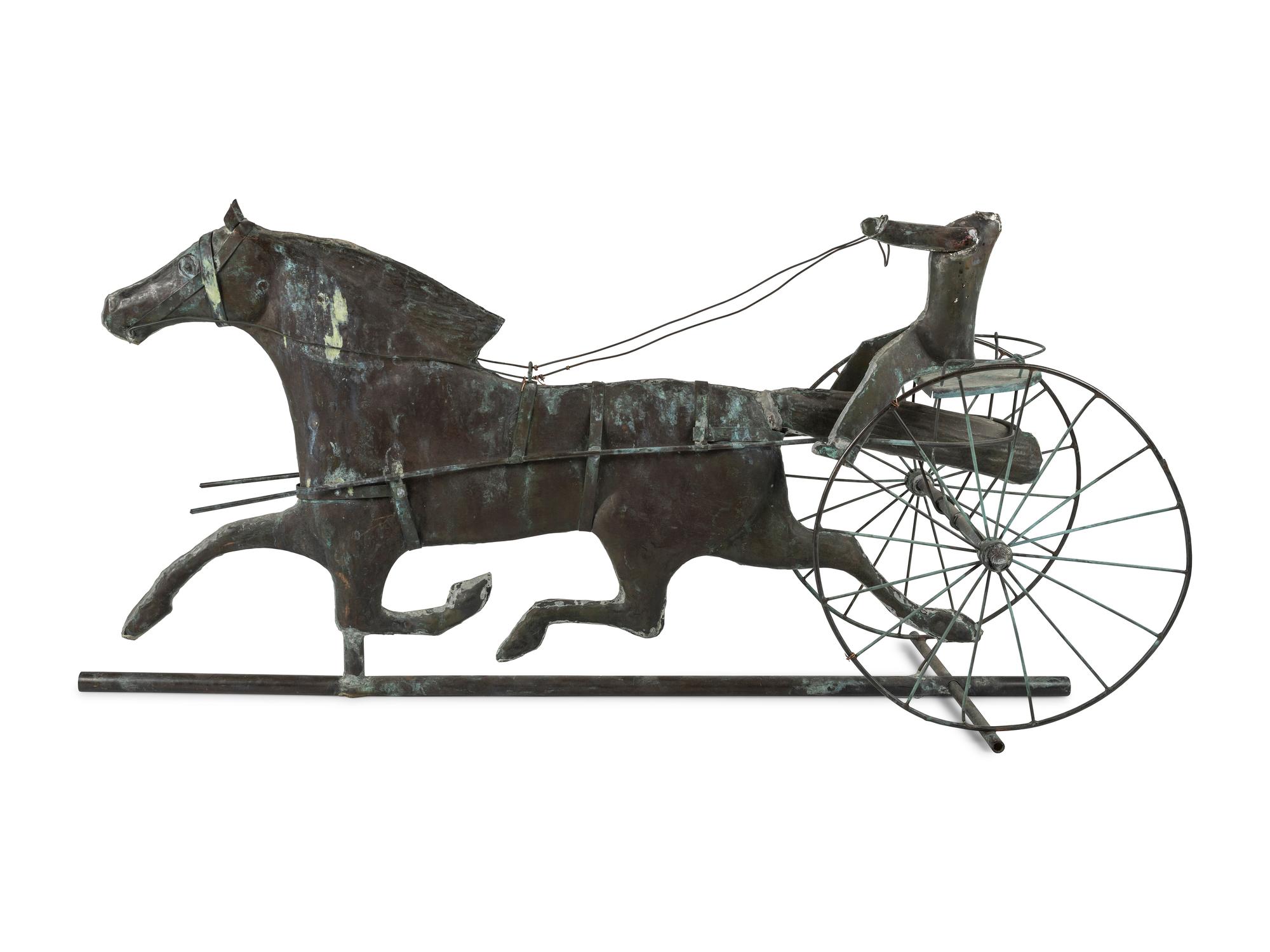 A Molded Copper and Zinc Horse and Sulky Weathervane