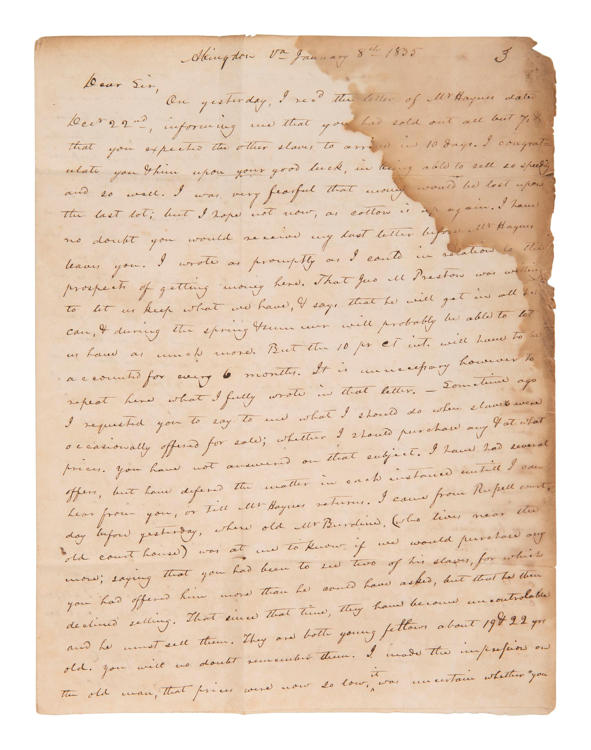 [ENSLAVEMENT]. 2 letters to slave trader Joseph Meek regarding the current market. Virginia, 1835.
