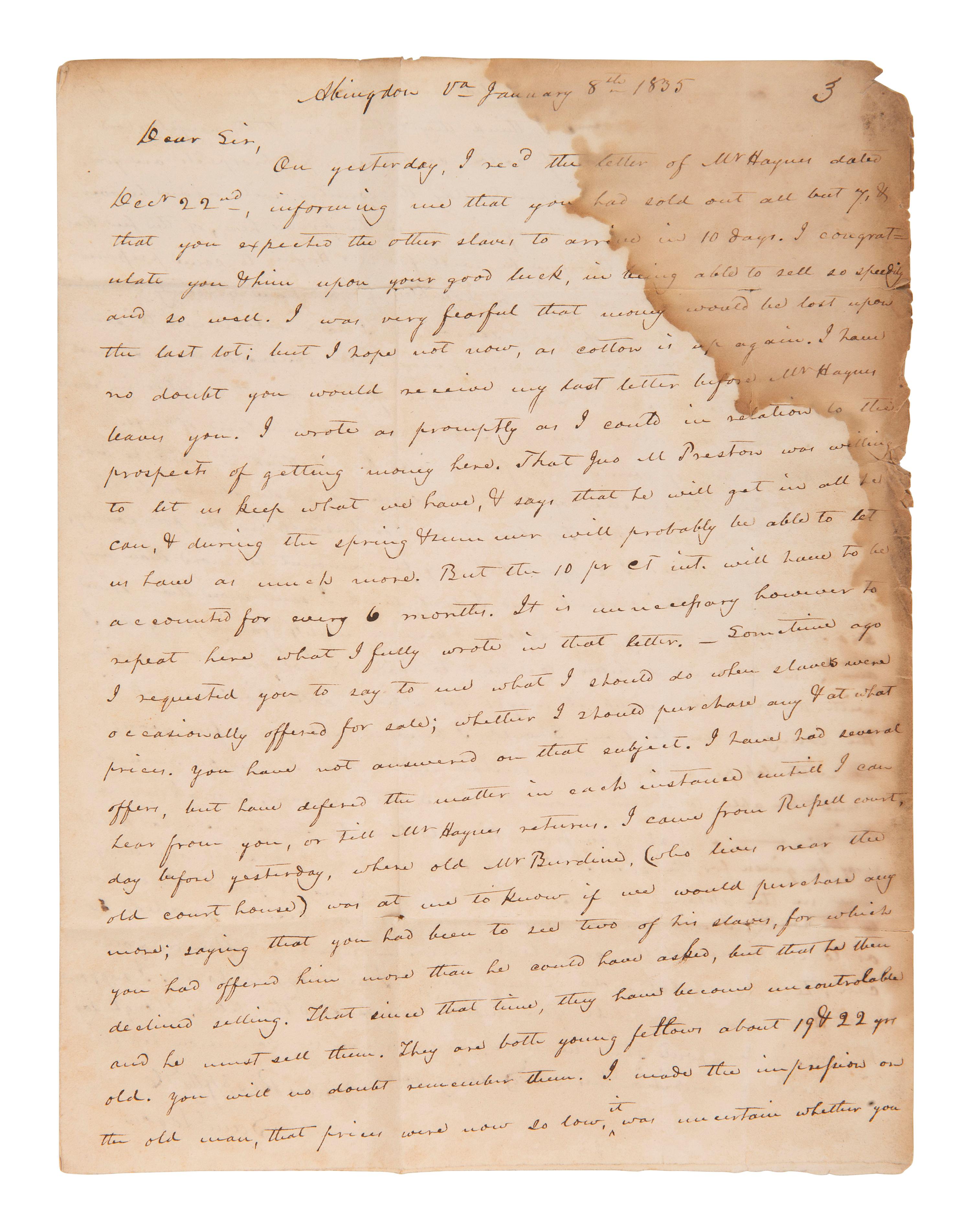 [ENSLAVEMENT]. 2 letters to slave trader Joseph Meek regarding the current market. Virginia, 1835.
