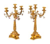 A Pair of Charles X Gilt Bronze and Porcelain Four-Light Candelabra