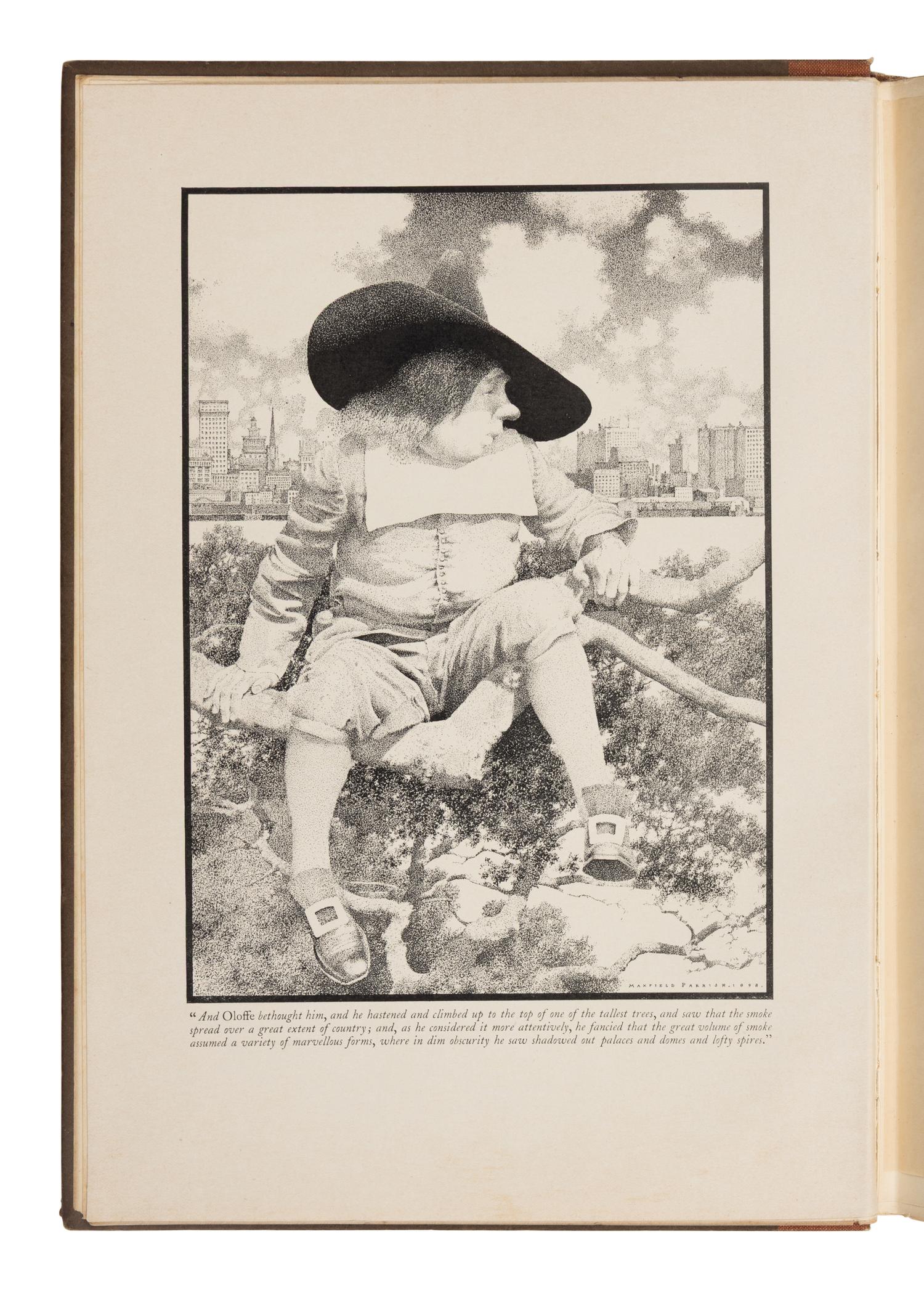 [Parrish, Maxfield (1870-1966), illustrator]. -- Irving, Washington (1783-1859)]. A History of New York from the Beginning of the World to the End of the Dutch Dynasty . London and Boston: D.B. Updike, The Merrymount Press for John Lane, 1900.