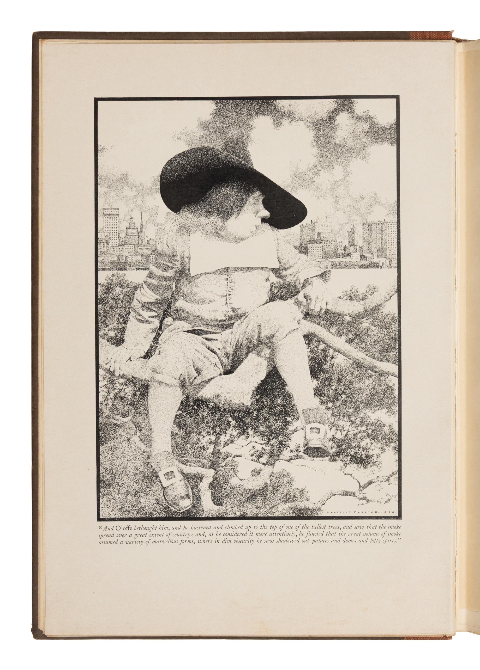 [Parrish, Maxfield (1870-1966), illustrator]. -- Irving, Washington (1783-1859)]. A History of New York from the Beginning of the World to the End of the Dutch Dynasty . London and Boston: D.B. Updike, The Merrymount Press for John Lane, 1900.