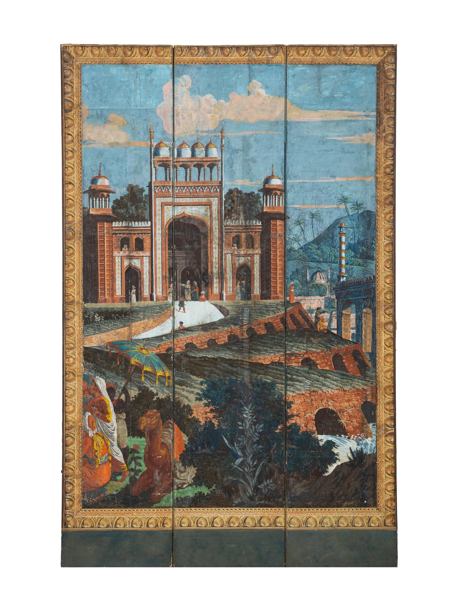 A Pair of French Scenic Wallpaper Three-Panel Screens, Grande Chasse au Tigre dans l'Inde (The Tiger Hunt)