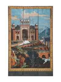 A Pair of French Scenic Wallpaper Three-Panel Screens, Grande Chasse au Tigre dans l'Inde (The Tiger Hunt)