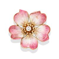 ENAMEL, DIAMOND, AND YELLOW GOLD CHERRY BLOSSOM PENDANT BROOCH