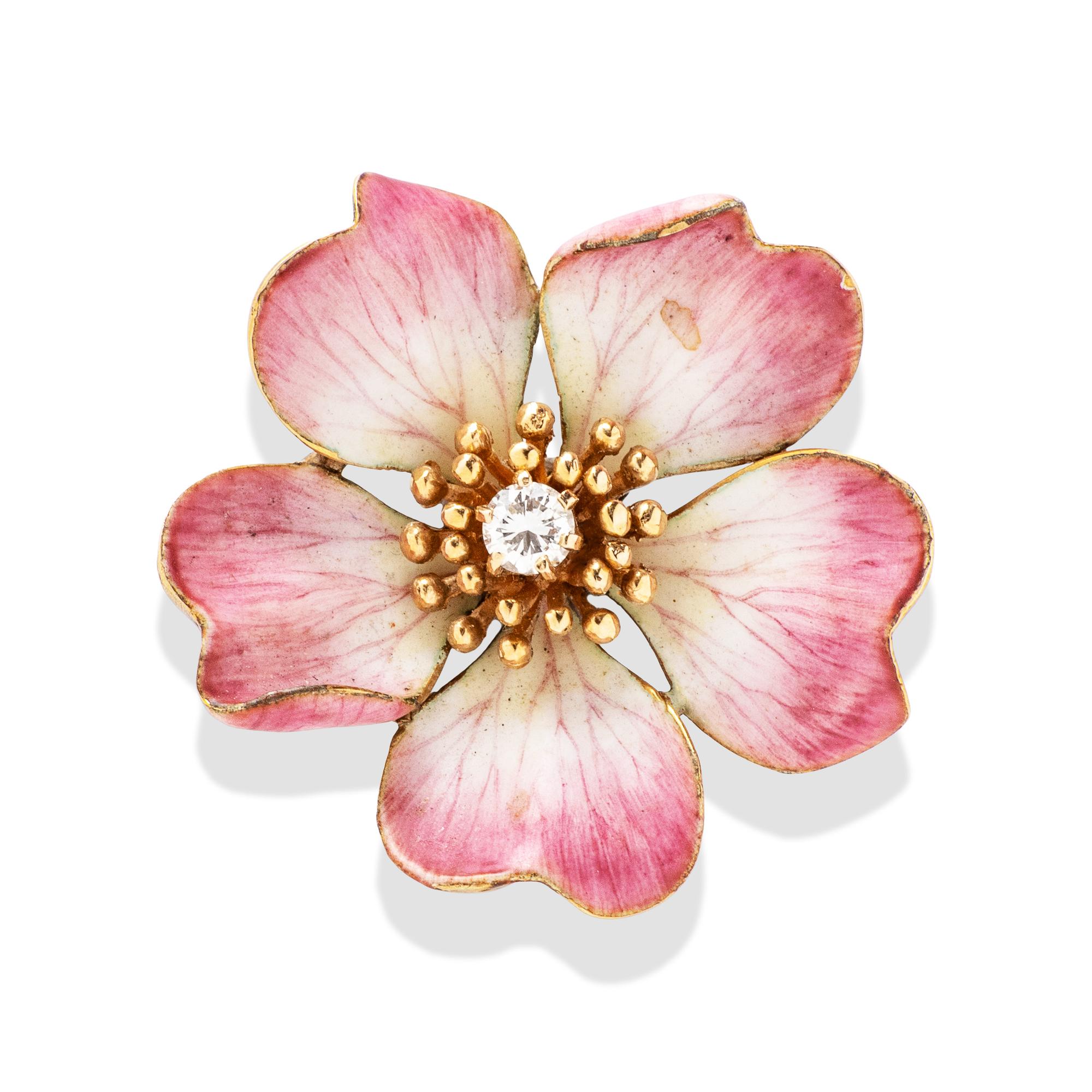 ENAMEL, DIAMOND, AND YELLOW GOLD CHERRY BLOSSOM PENDANT BROOCH