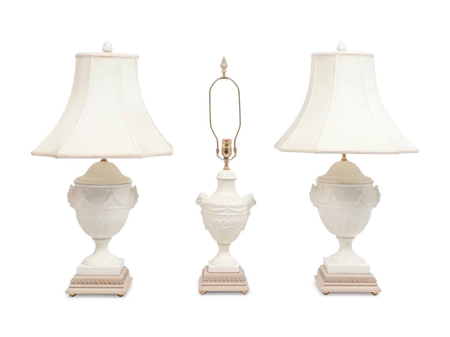 Three Regency Style White Glazed Stoneware Urns Mounted as Lamps