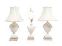 Three Regency Style White Glazed Stoneware Urns Mounted as Lamps