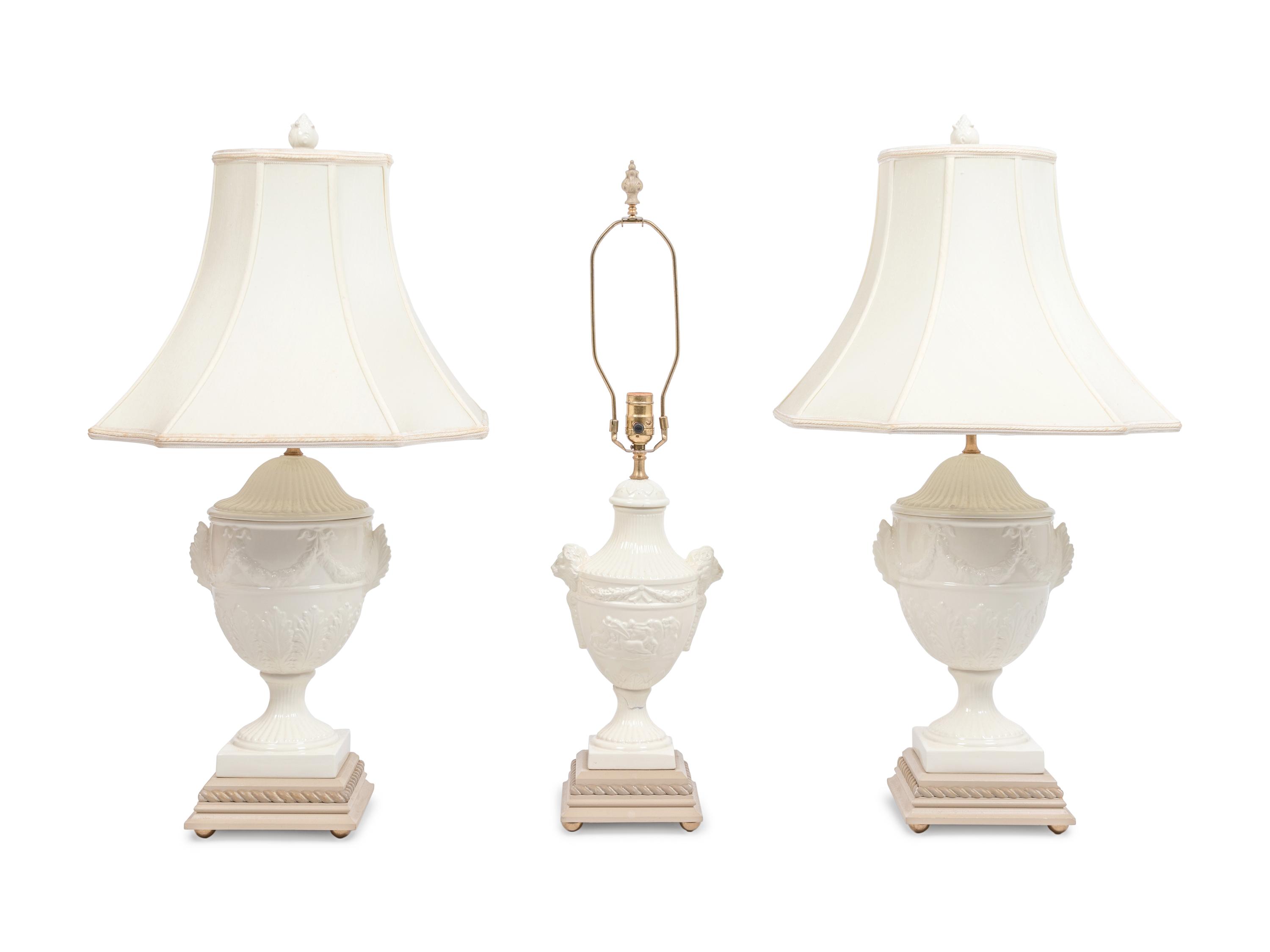 Three Regency Style White Glazed Stoneware Urns Mounted as Lamps
