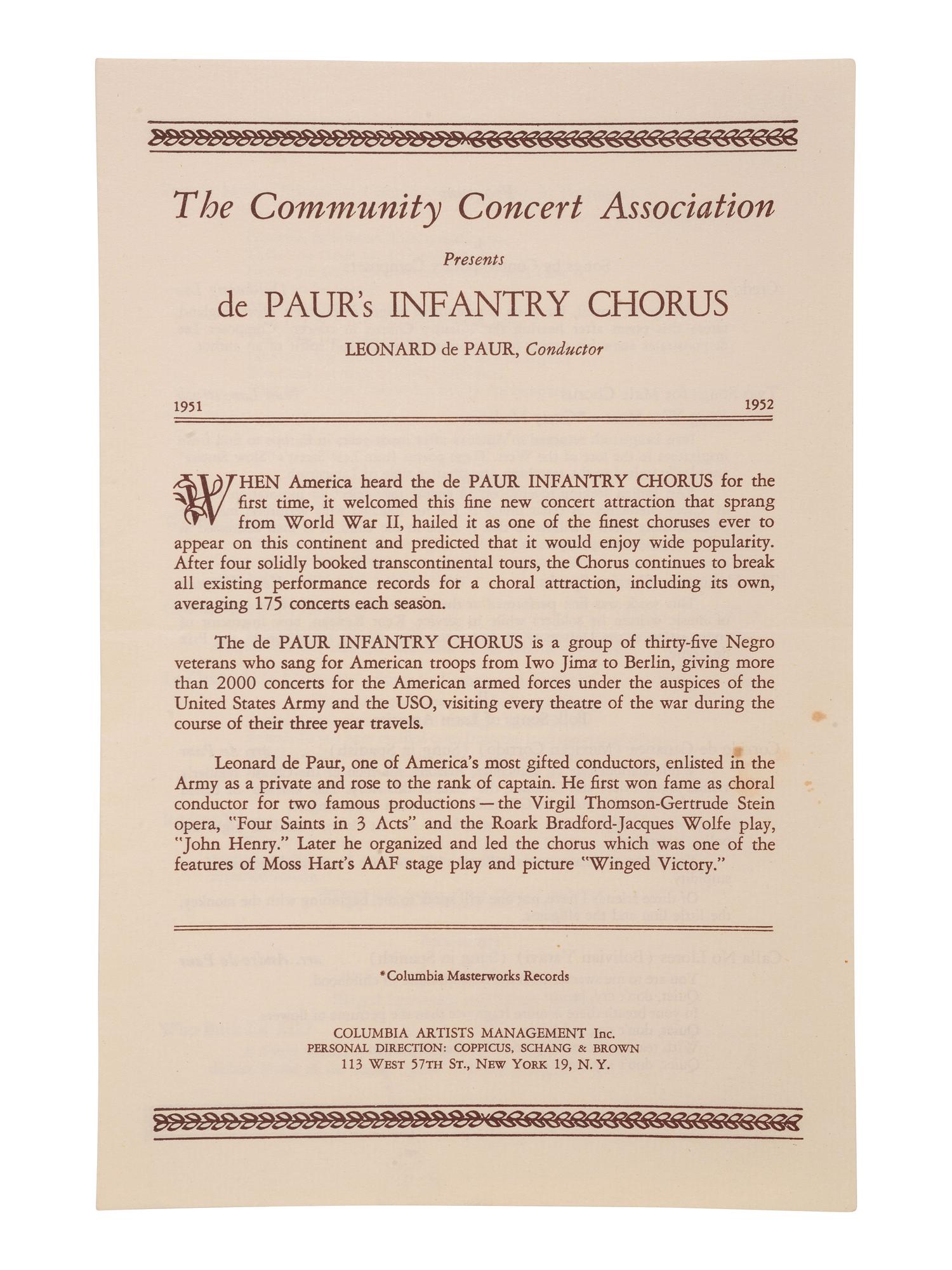[MUSIC] -- [DE PAUR, Leonard (1914-1998)]. Concert program from the 5th Annual Tour of de Paur's Infantry Chorus. Spring 1951.