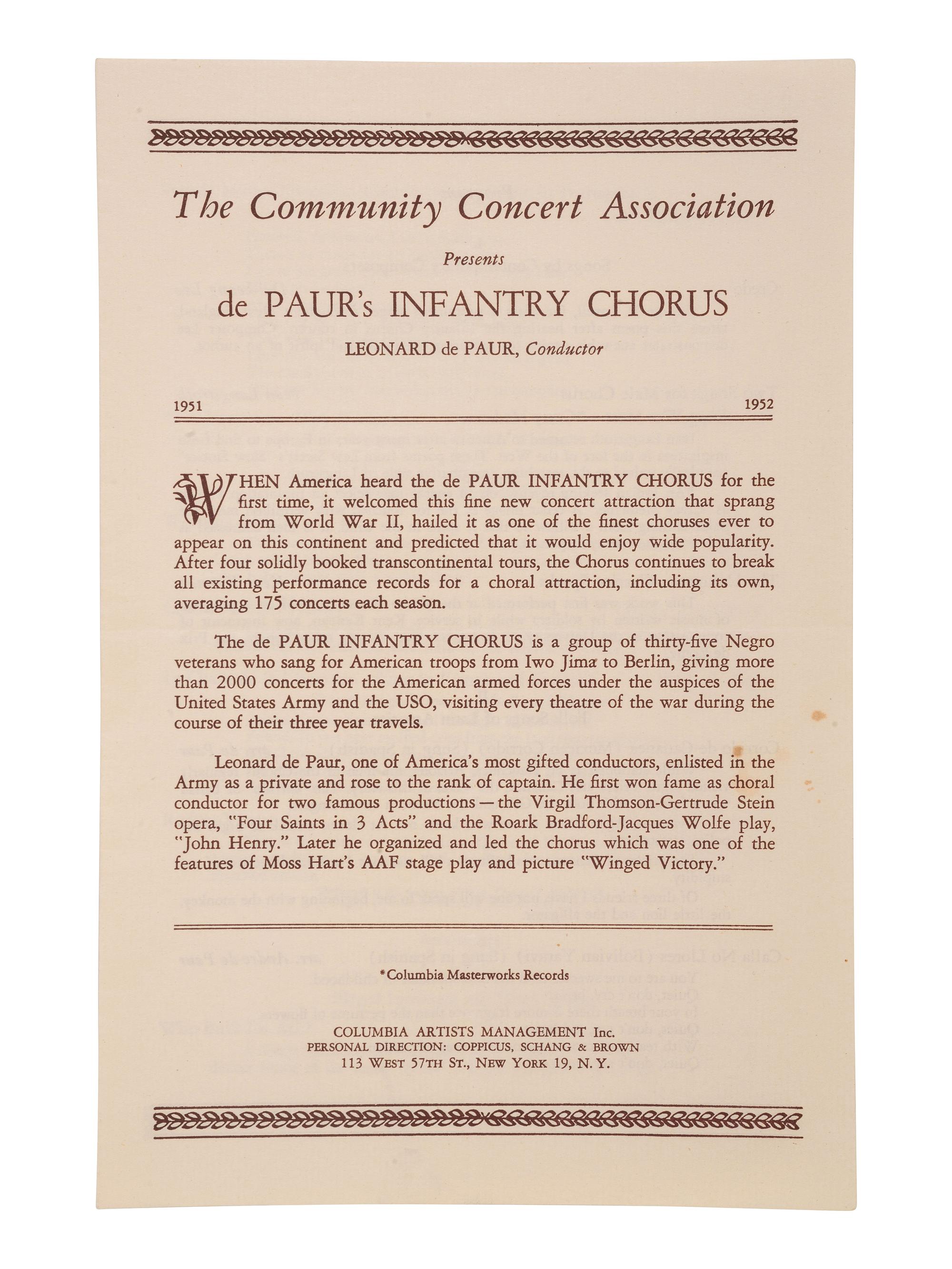[MUSIC] -- [DE PAUR, Leonard (1914-1998)]. Concert program from the 5th Annual Tour of de Paur's Infantry Chorus. Spring 1951.