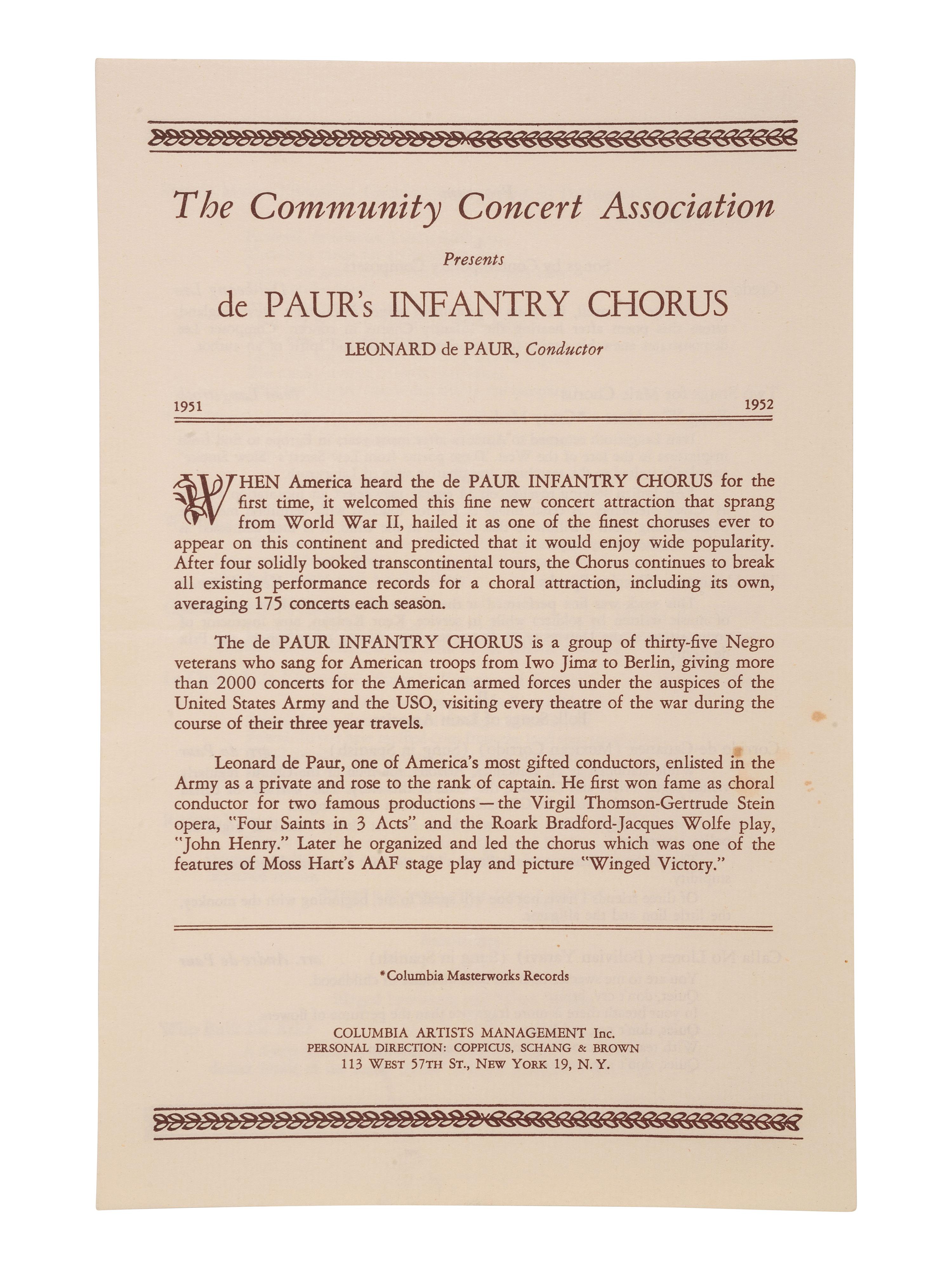 [MUSIC] -- [DE PAUR, Leonard (1914-1998)]. Concert program from the 5th Annual Tour of de Paur's Infantry Chorus. Spring 1951.