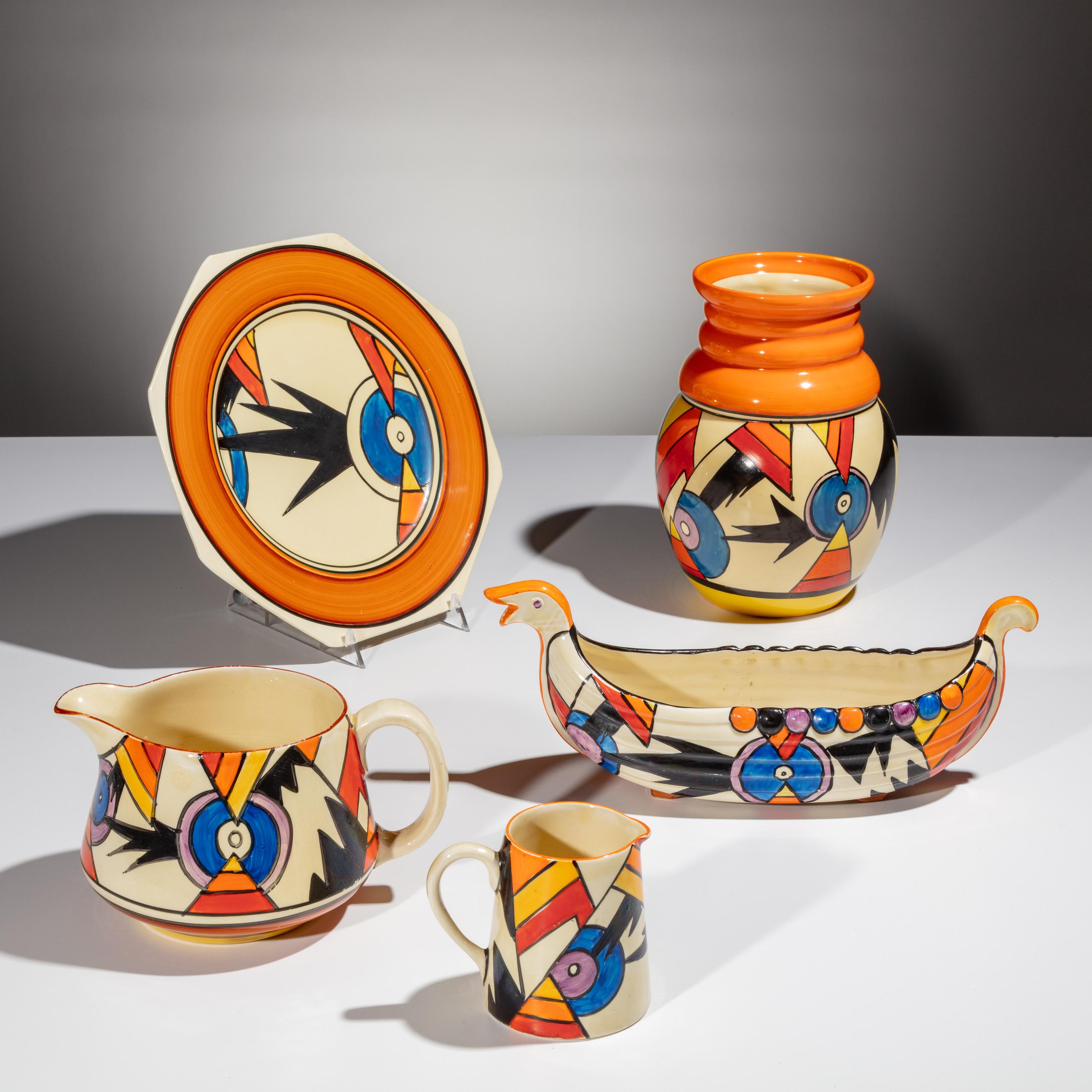 Clarice Cliff (English, 1899–1972) — Lightning pattern, 5 pieces