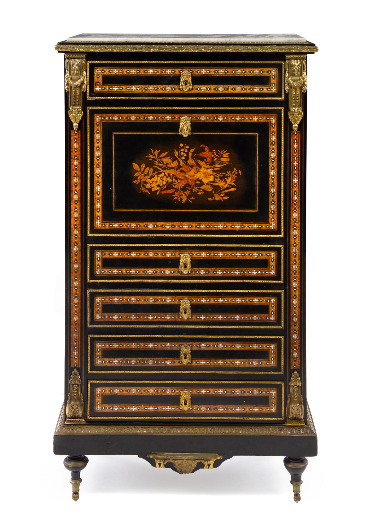 A Napoleon III Ebonized and Mother-of-Pearl Inset Secretaire a Abattant Height 51 1/4 x width 29 x depth 14 inches. — 19TH CENTURY