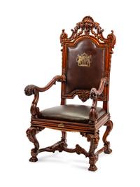 An Italian Baroque Style Leather-Upholstered Carved Walnut Armchair — 19TH CENTURY