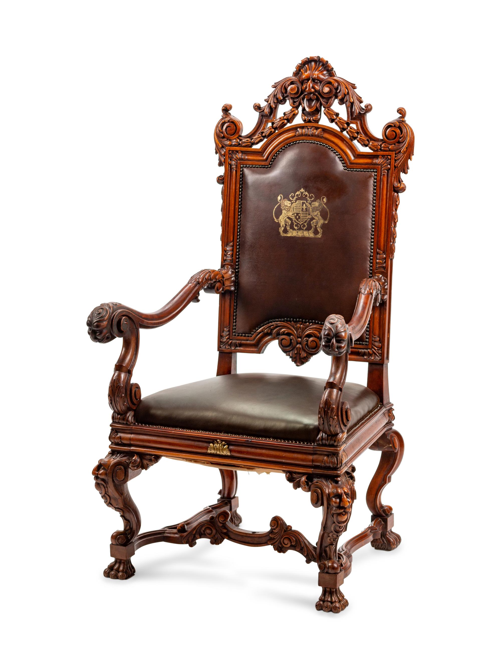 An Italian Baroque Style Leather-Upholstered Carved Walnut Armchair — 19TH CENTURY