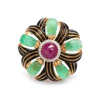 DAVID WEBB, RUBY, DIAMOND, EMERALD AND ENAMEL PENDANT/BROOCH