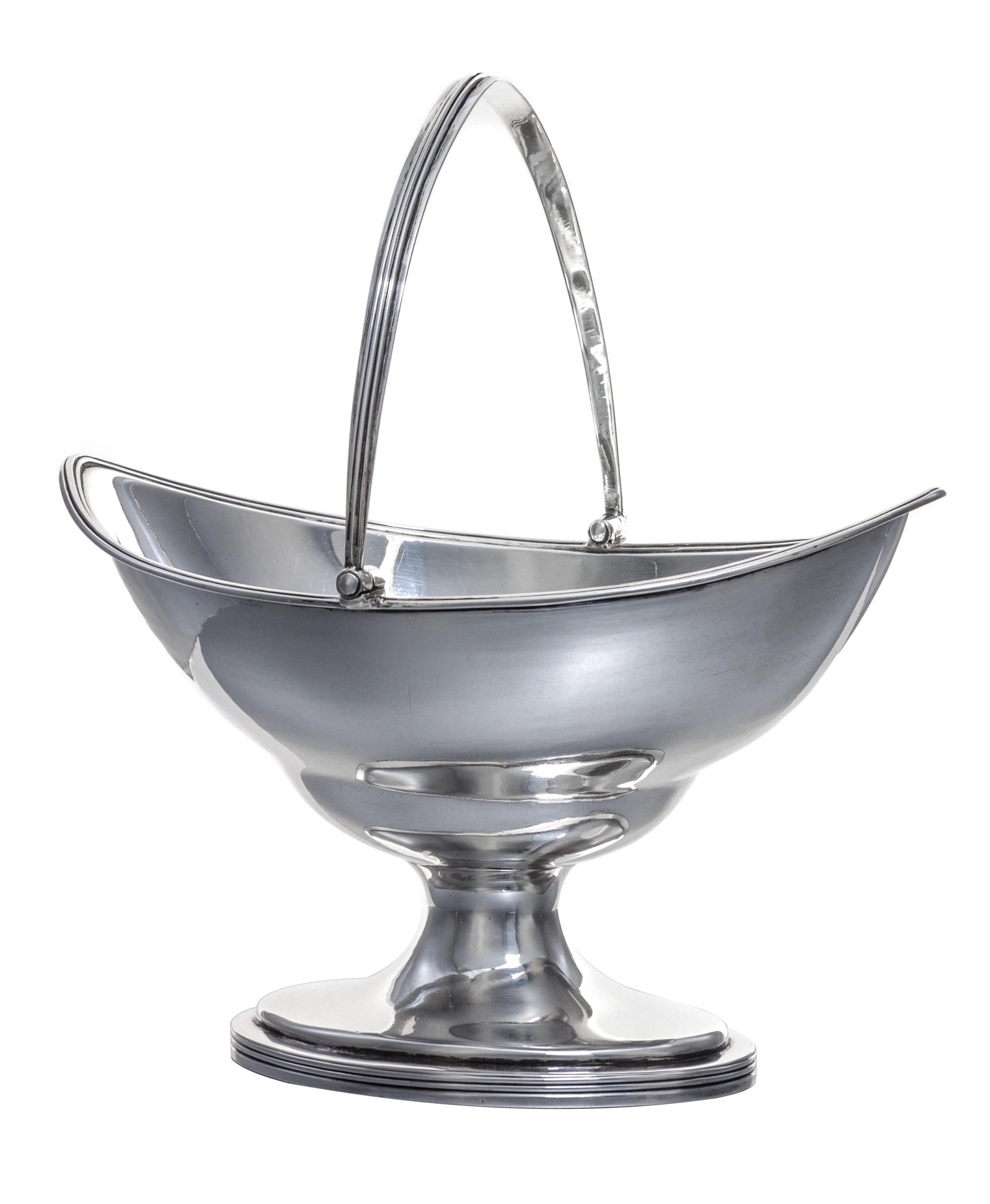A George III Silver Sugar Basket, Hester Bateman, London, 1790, of oblong form with a reeded edge and a swing handle, raised on a simil