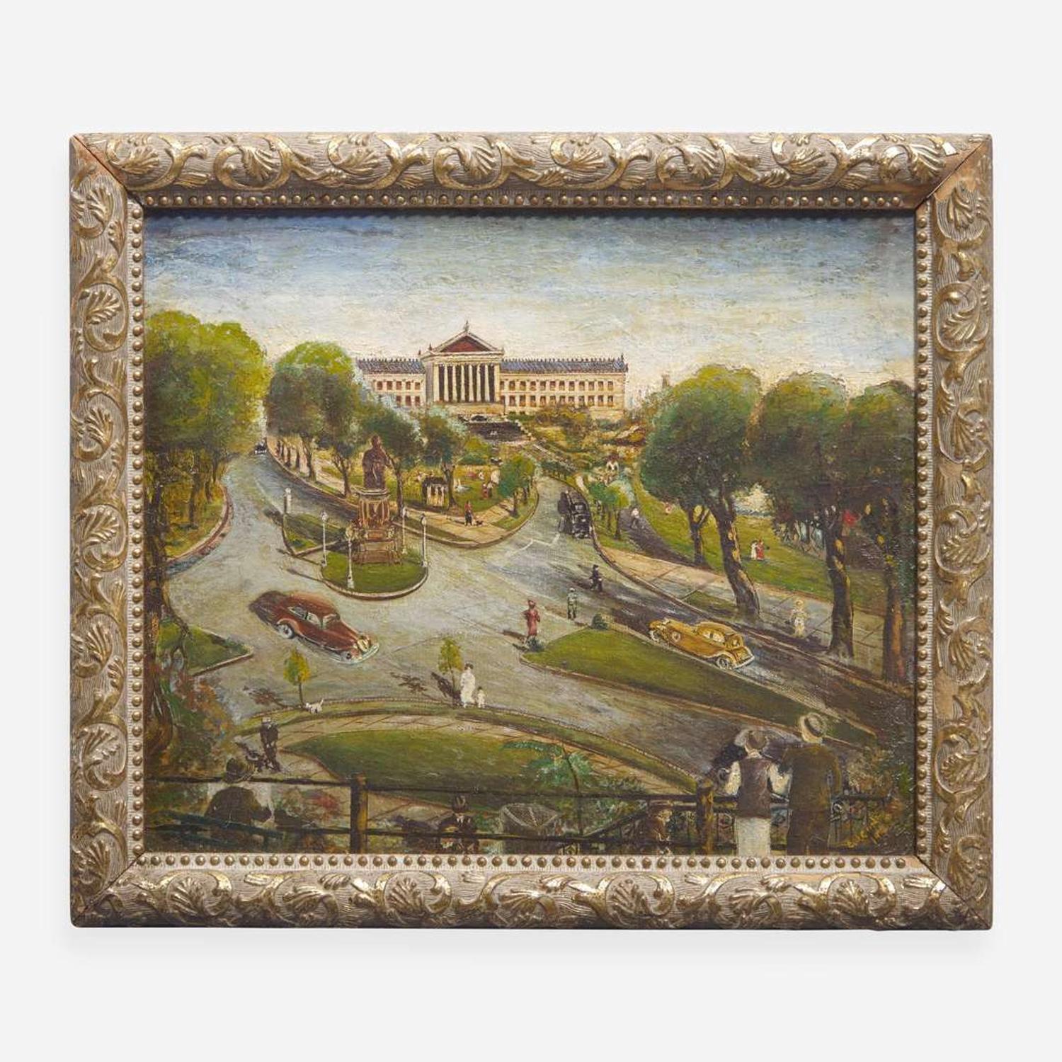 American School 20th century Fairmount View with Philadelphia Museum of Art and Abraham Lincoln Statue, dated "`1930"