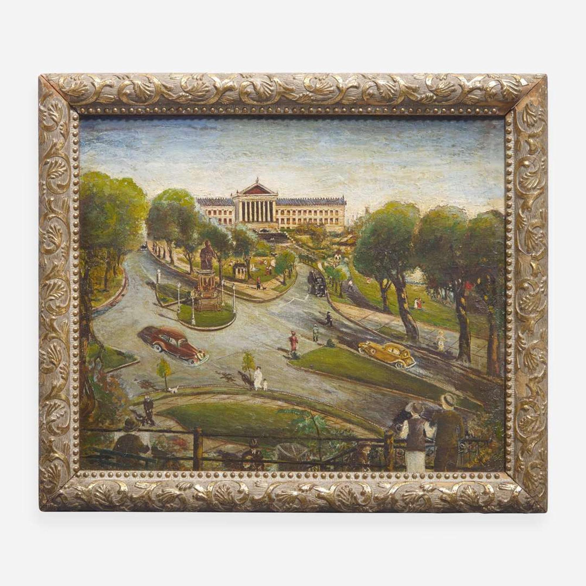 American School 20th century Fairmount View with Philadelphia Museum of Art and Abraham Lincoln Statue, dated "`1930"