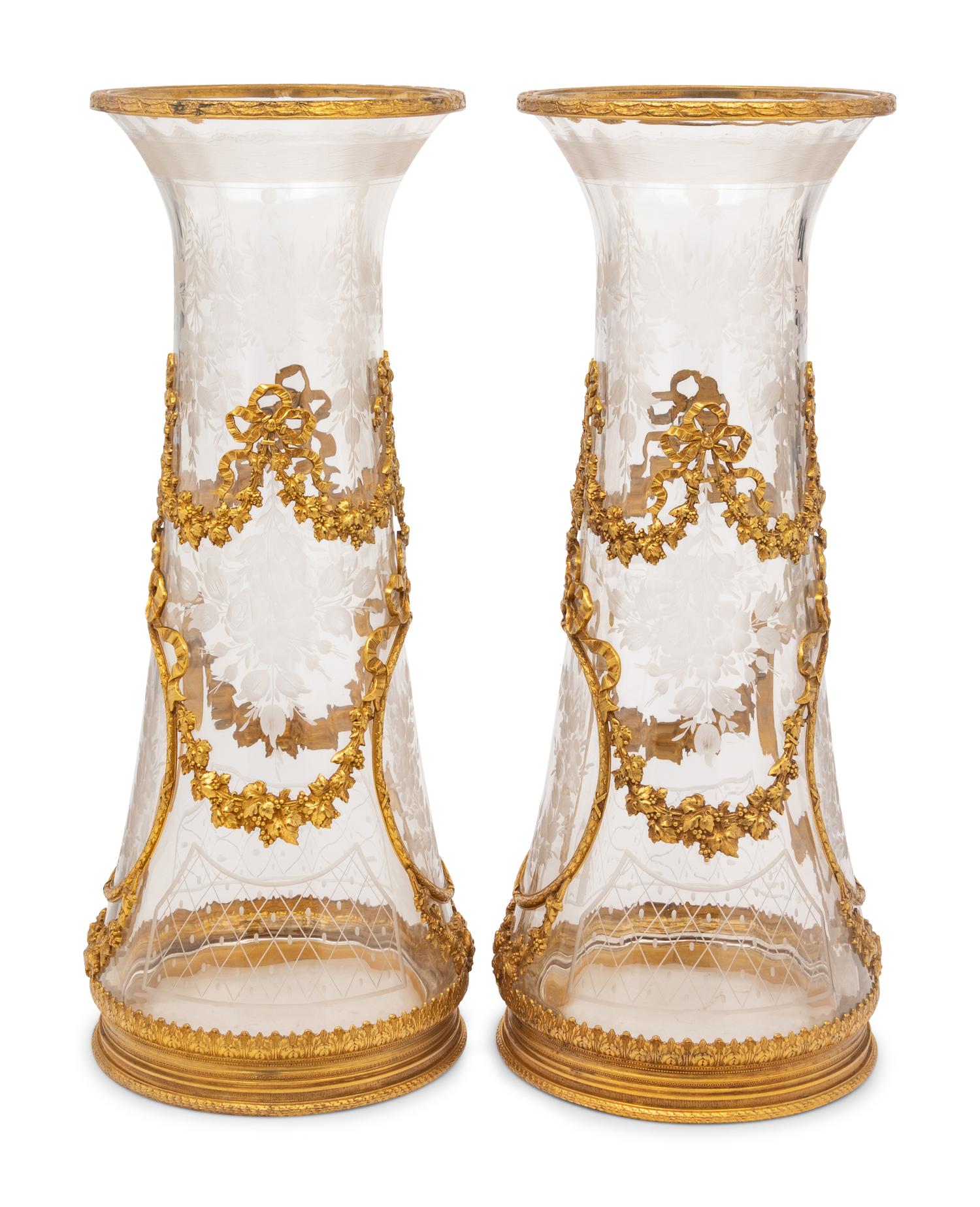 A Pair of French Gilt Metal Mounted Etched Glass Vases