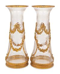 A Pair of French Gilt Metal Mounted Etched Glass Vases