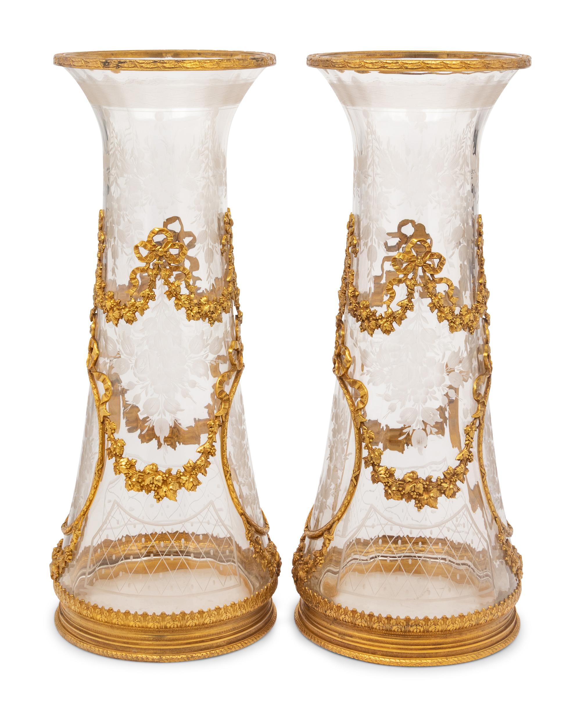 A Pair of French Gilt Metal Mounted Etched Glass Vases