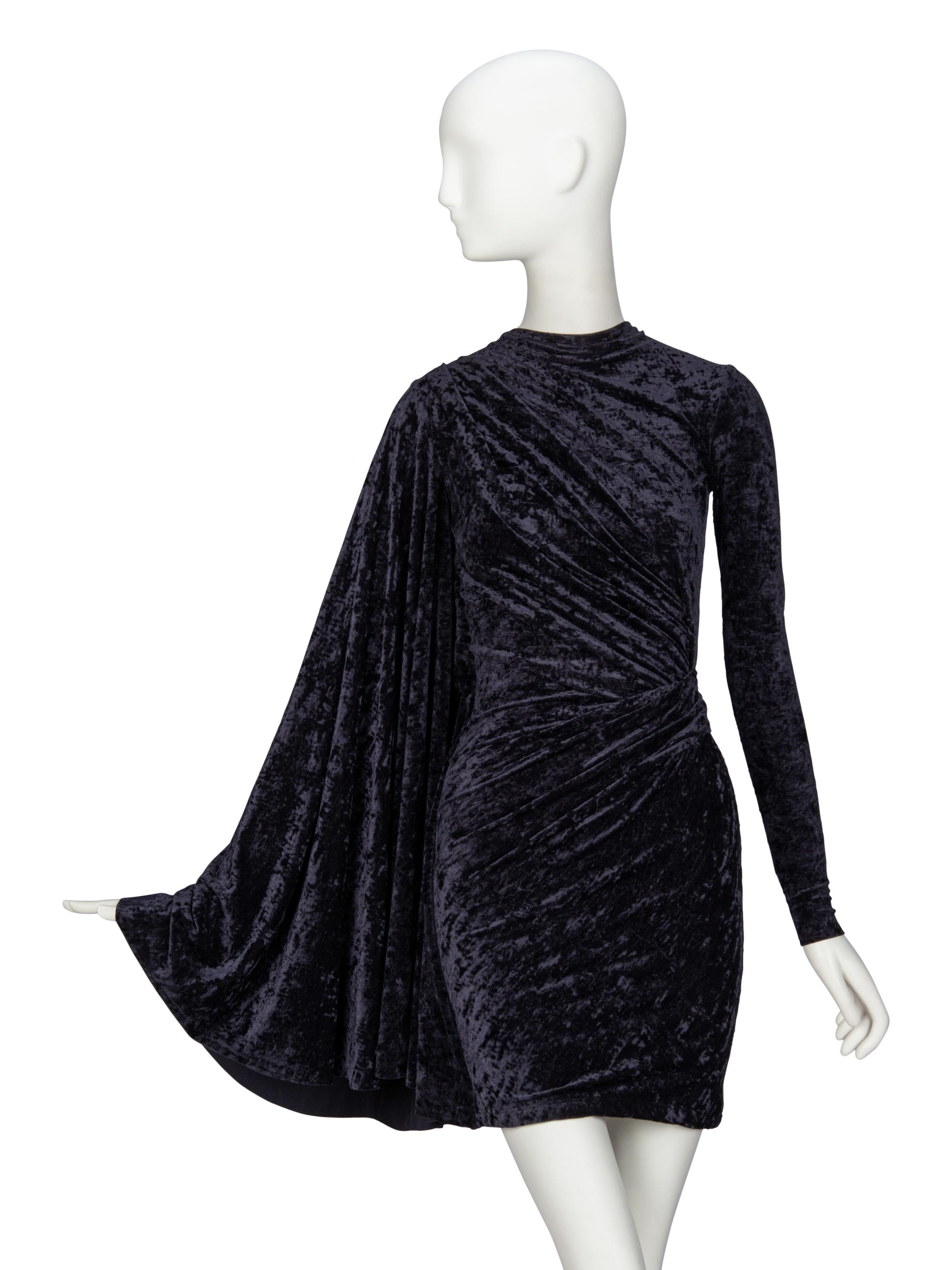BALENICAGA, CRUSHED VELVET CAPE-SLEEVE MINIDRESS