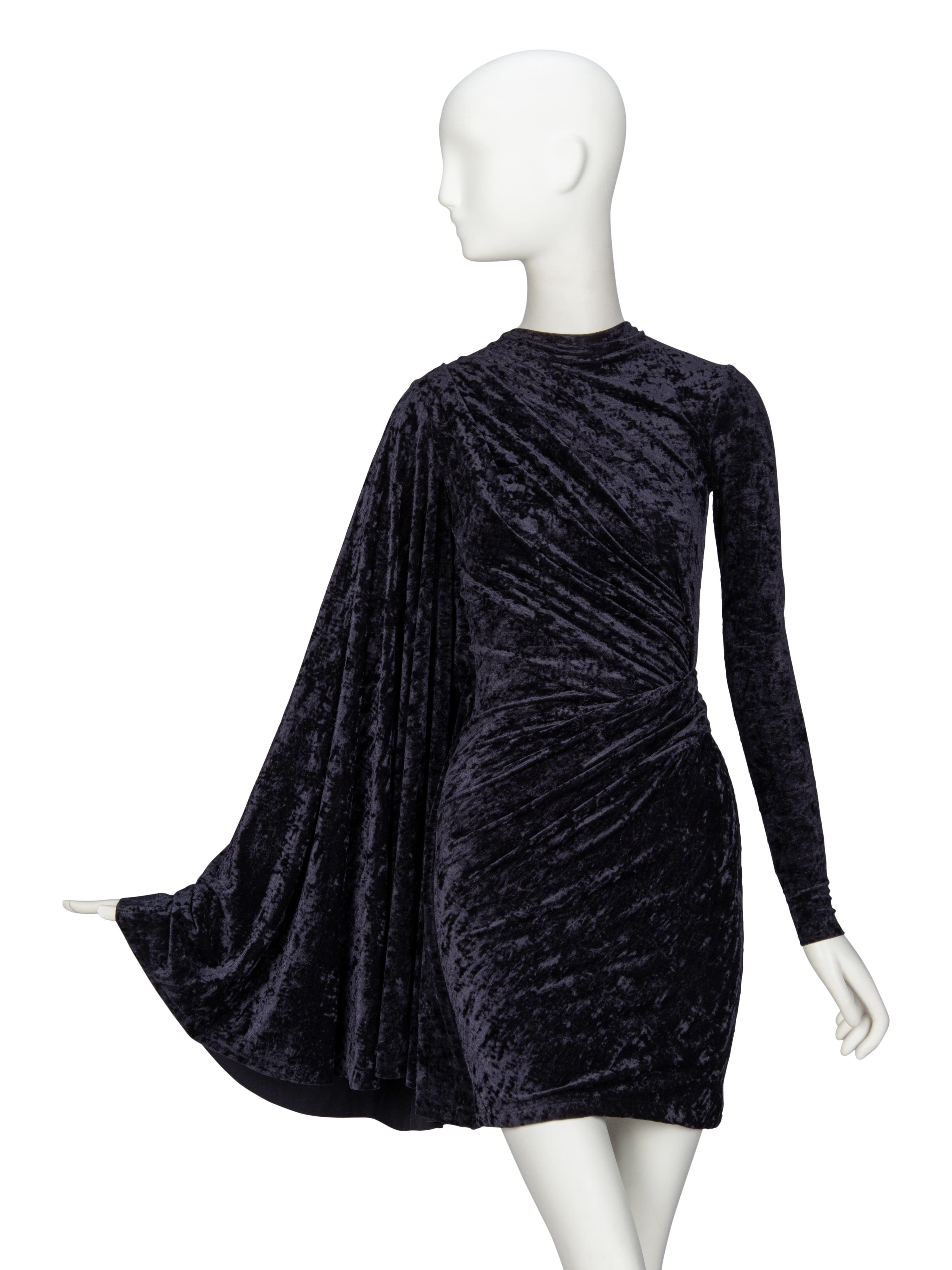 BALENICAGA, CRUSHED VELVET CAPE-SLEEVE MINIDRESS