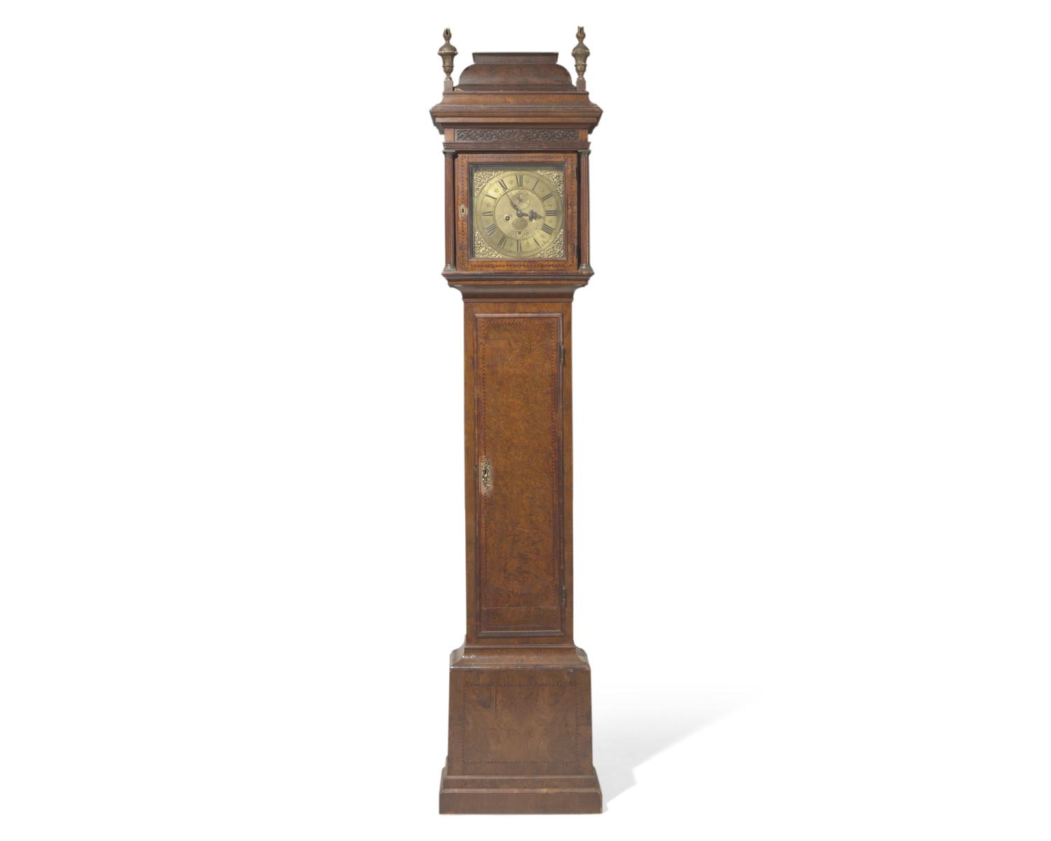 A Queen Anne inlaid and burl walnut veneered and inlaid tall case clock, works by John Sanderson, Wigton, England, early 18th century