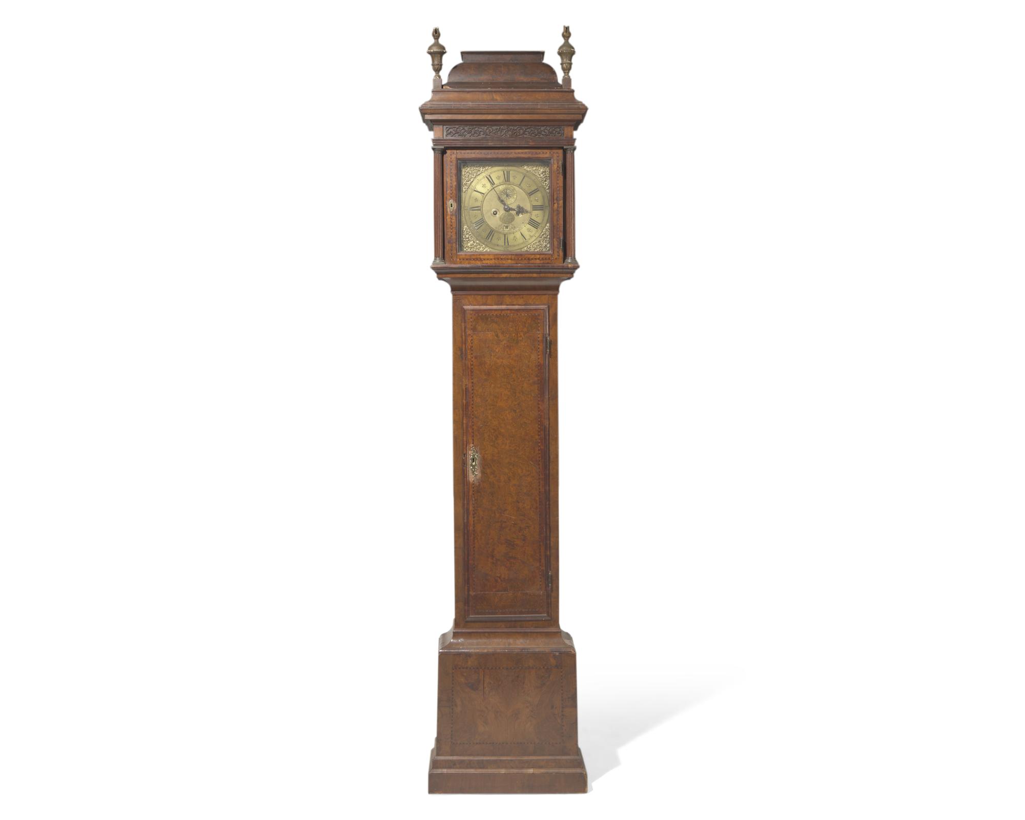 A Queen Anne inlaid and burl walnut veneered and inlaid tall case clock, works by John Sanderson, Wigton, England, early 18th century