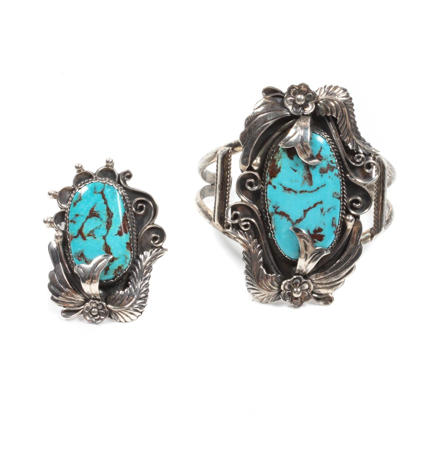 Navajo Four Piece Silver and Turquoise Jewelry Set Length of necklace 20 inches