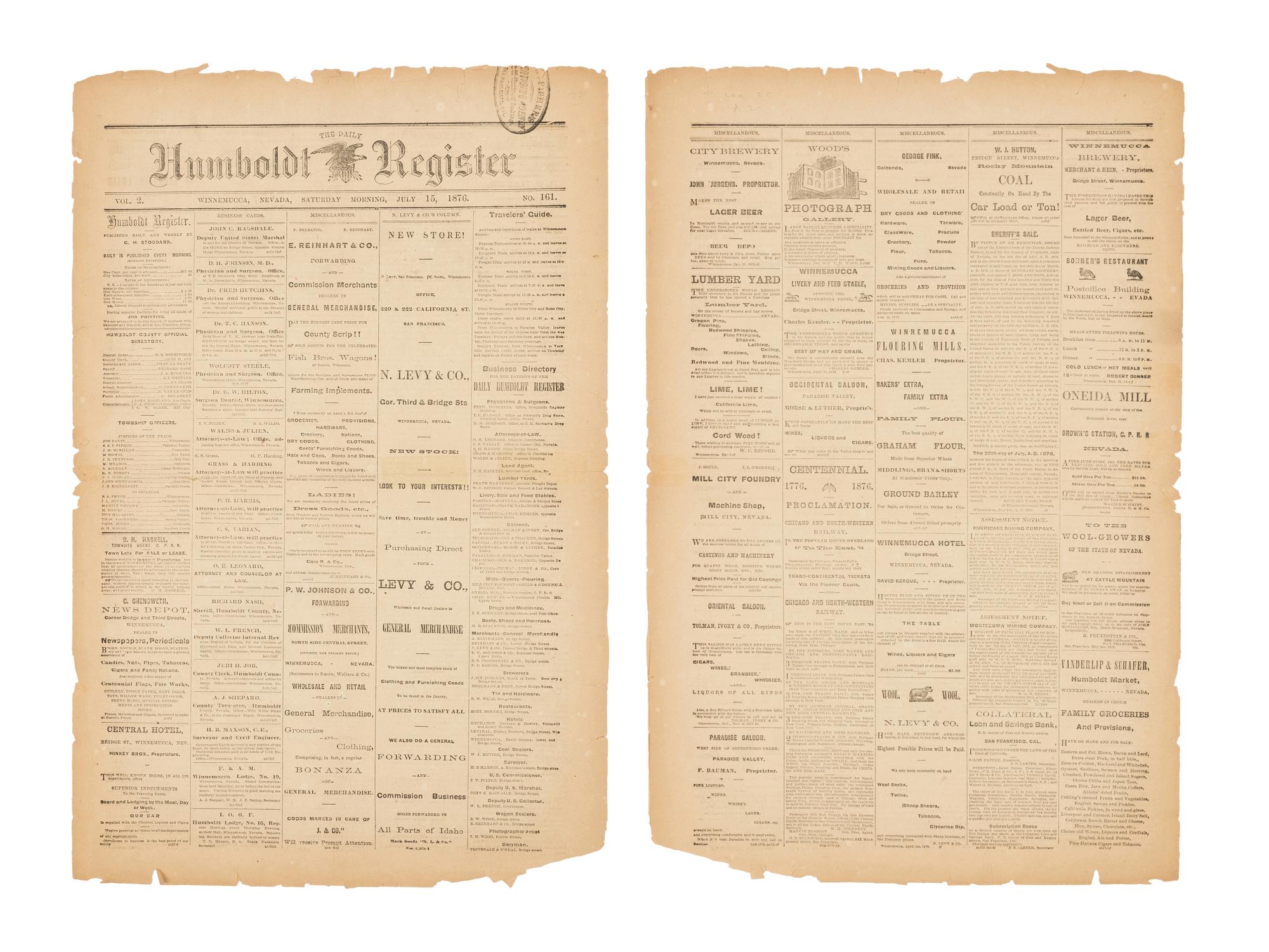 [LATE INDIAN WARS]. Humboldt Register . Winnemucca, Nevada. Vol. 2, No.161. Saturday, 15 July 1876.