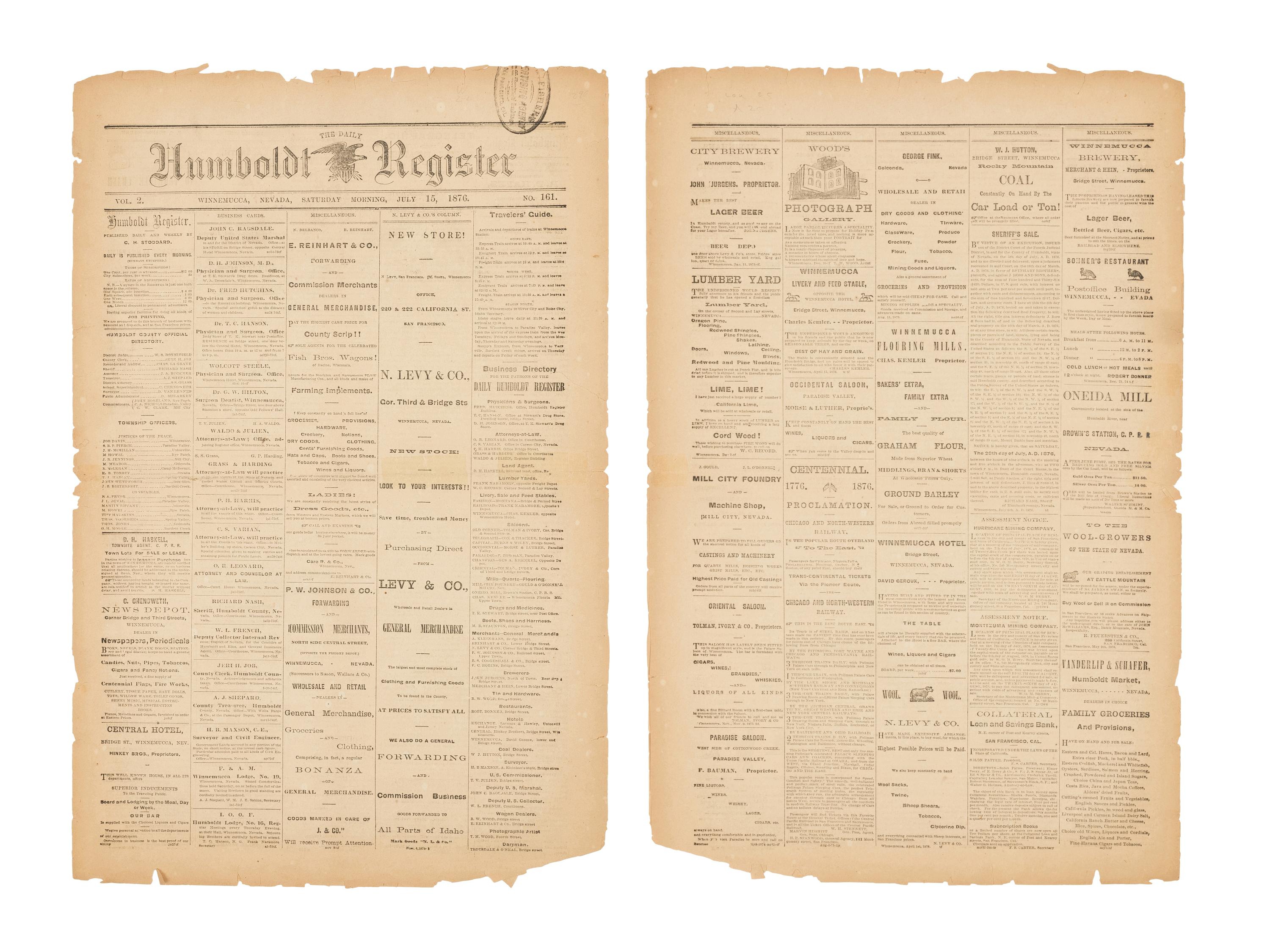 [LATE INDIAN WARS]. Humboldt Register . Winnemucca, Nevada. Vol. 2, No.161. Saturday, 15 July 1876.